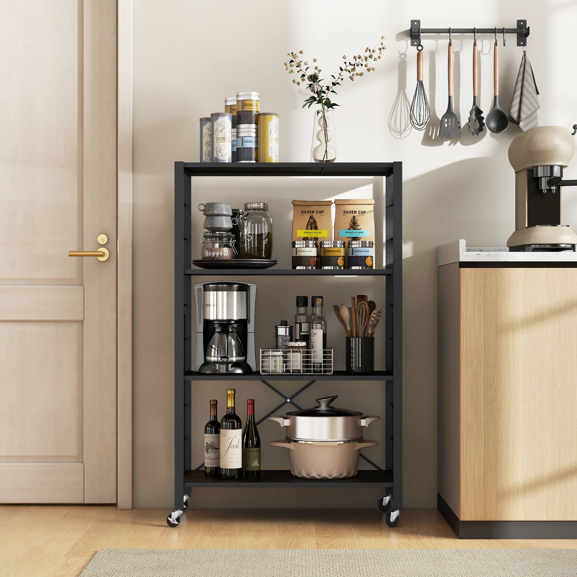 Alt View 3. Gymax - Gymax 4-tier Foldable Storage Shelf w/ Lockable Wheels Home Shelving Unit for Tool Room - Black, Rustic Brown.