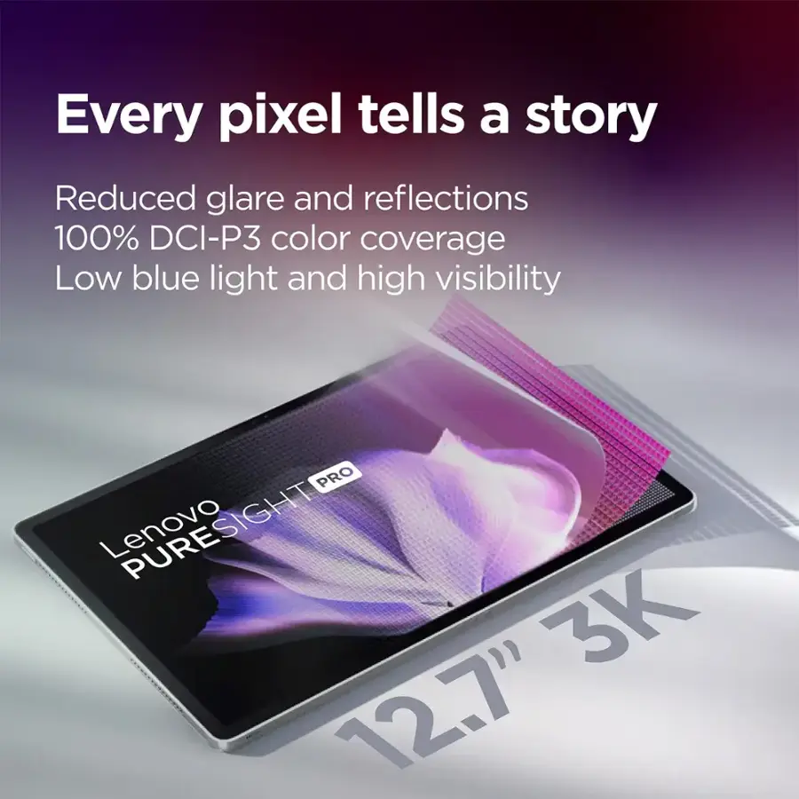 Every pixel tells a story. Reduced glare and reflections. 100% DCI-P3 color coverage. Low blue light and high visibility. PRO Lenovo PUREVIEW SIGHT 3K 12.7"