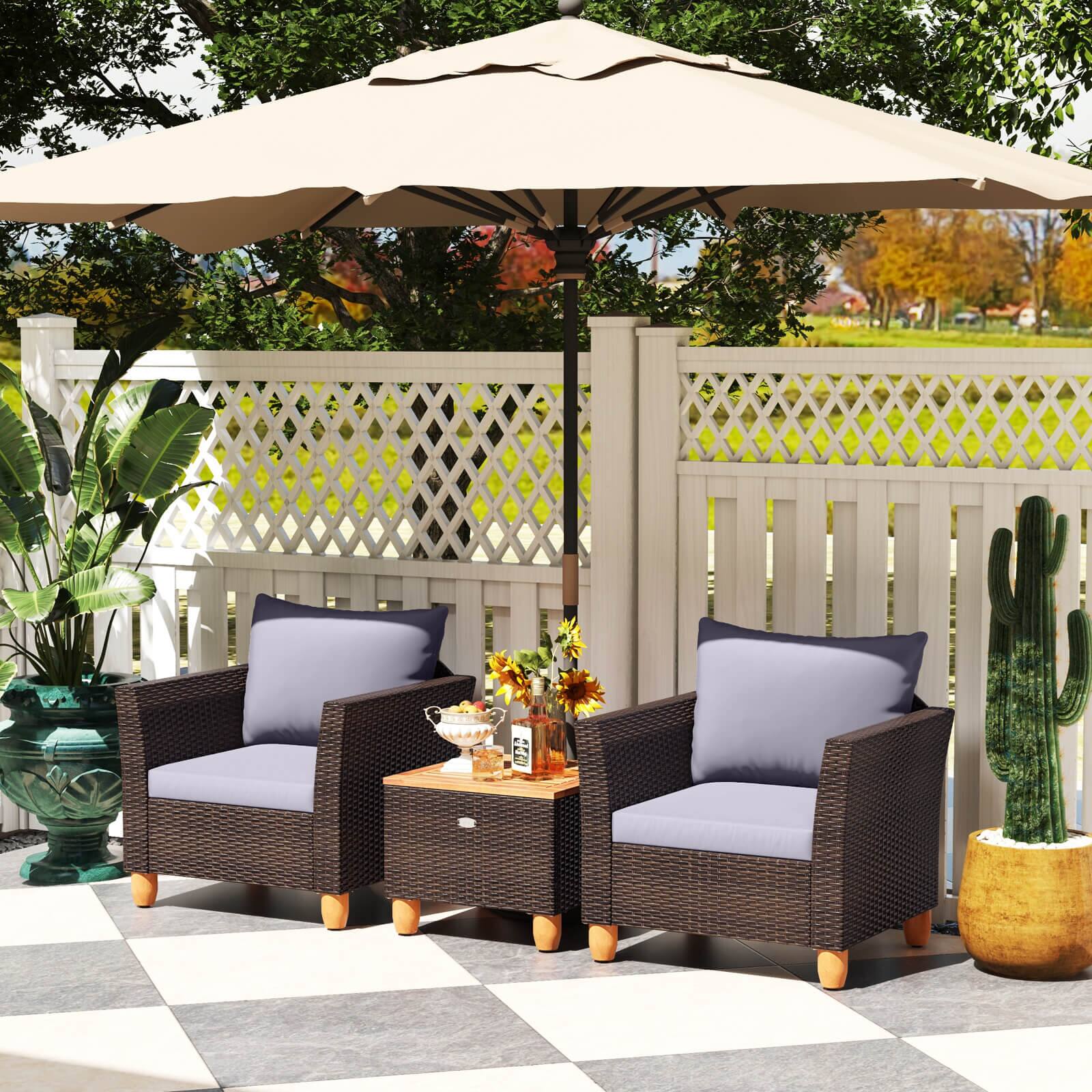 Alt View 5. Costway - 3 PCS Outdoor Patio Rattan Bistro Furniture Set Wooden Table Top Cushioned Sofa - Grey.