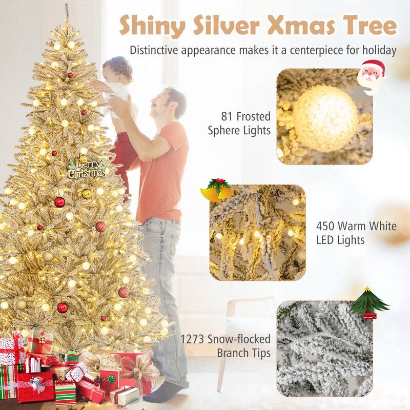 Shiny Silver Xmas Tree  
Distinctive appearance makes it a centerpiece for holiday  

81 Frosted Sphere Lights  
450 Warm White LED Lights  
1273 Snow-flocked Branch Tips