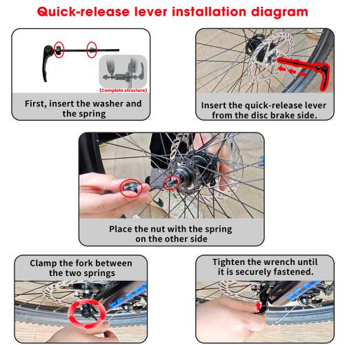 Quick-release lever installation diagram (Complete structure)

1. First, insert the washer and the spring.
2. Insert the quick-release lever from the disc brake side.
3. Place the nut with the spring on the other side.
4. Clamp the fork between the two springs.
5. Tighten the wrench until it is securely fastened.