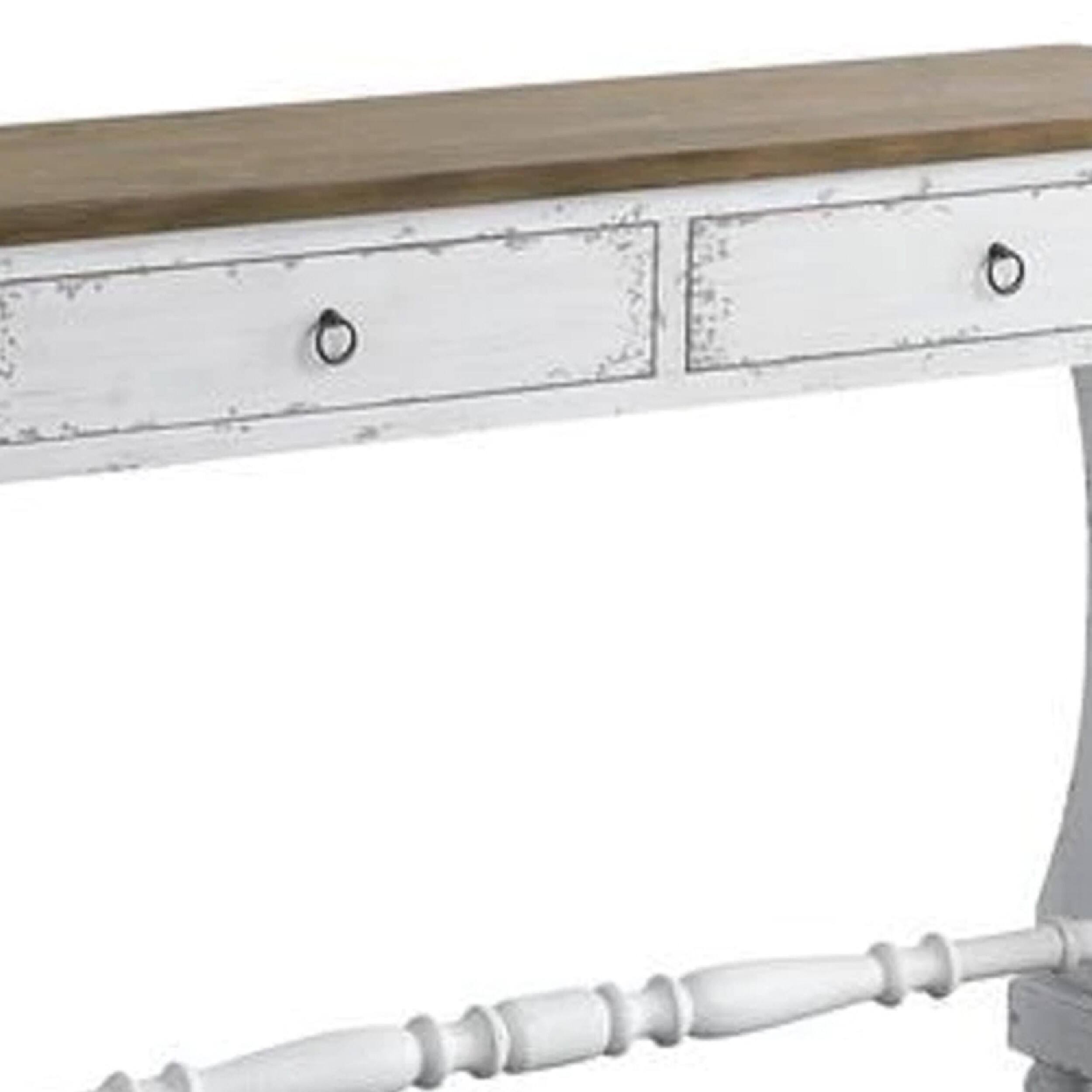 Alt View 1. Manhattan Lane - 48 Inch 2 Drawer Console Table, Ring Metal Handles, Distressed White - White, Brown.