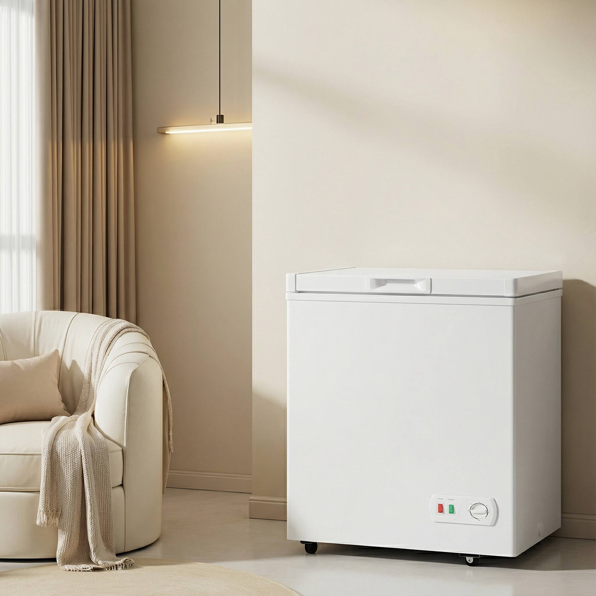 Left. Vaczon - 4.2 Cubic Feet Chest Freezer, Small Deep Freezer with Mechanical Temperature Control,Ideal for Kitchen, Dorm, or Garage - White.