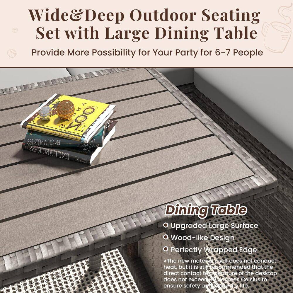 Wide & Deep Outdoor Seating Set with Large Dining Table  
Provide More Possibility for Your Party for 6-7 People  

Dining Table  
- Upgraded Large Surface  
- Wood-like Design  
- Perfectly Wrapped Edge  

*The new material itself does not conduct heat, but it is still recommended that the direct contact temperature of the desktop does not exceed 60 degrees Celsius to ensure safety and 100% life.