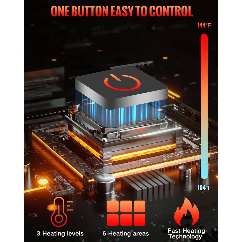 ONE BUTTON EASY TO CONTROL

3 Heating levels

6 Heating areas

Fast Heating Technology

144°F

104°F