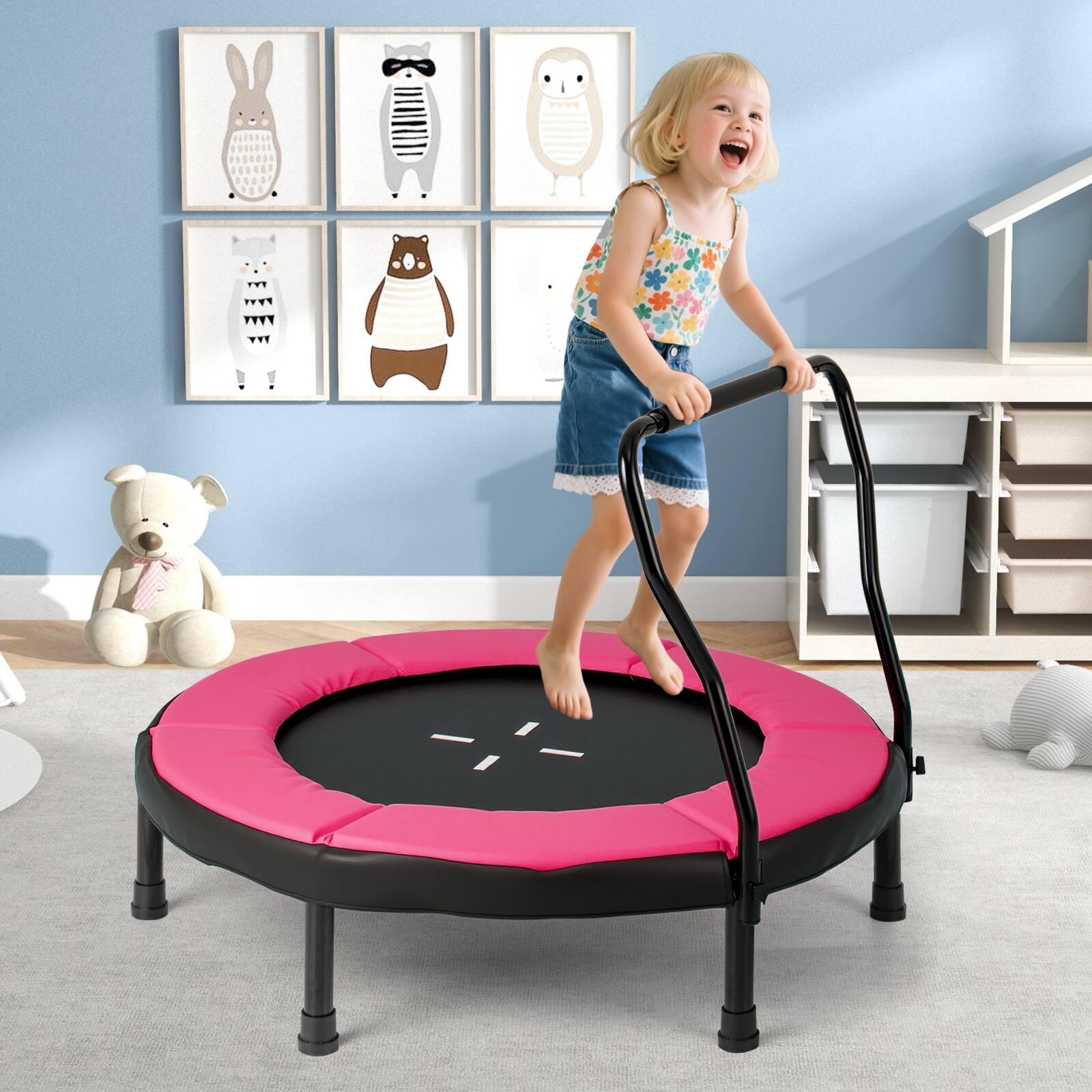 Alt View 1. Gymax - Gymax 40'' Trampoline for Kids Indoor/Outdoor Fitness Trampoline w/ Foam Handlebar Pink - Pink.