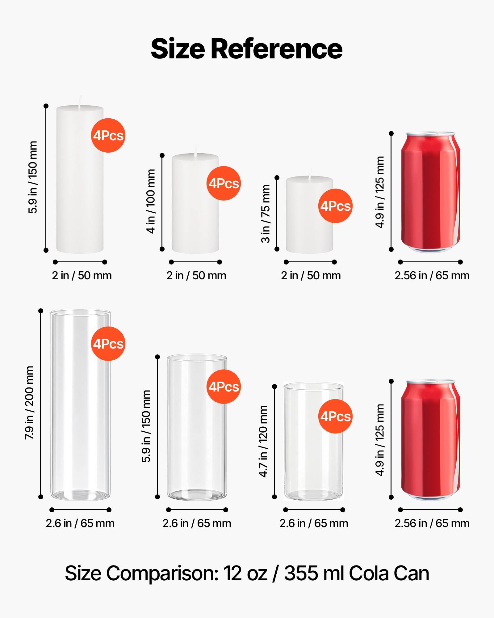Size Reference

- 5.9 in / 150 mm
- 4 in / 100 mm
- 3 in / 75 mm
- 4.9 in / 125 mm
- 2 in / 50 mm
- 2.56 in / 65 mm
- 7.9 in / 200 mm
- 5.9 in / 150 mm
- 4.7 in / 120 mm
- 4.9 in / 125 mm

Size Comparison: 12 oz / 355 ml Cola Can