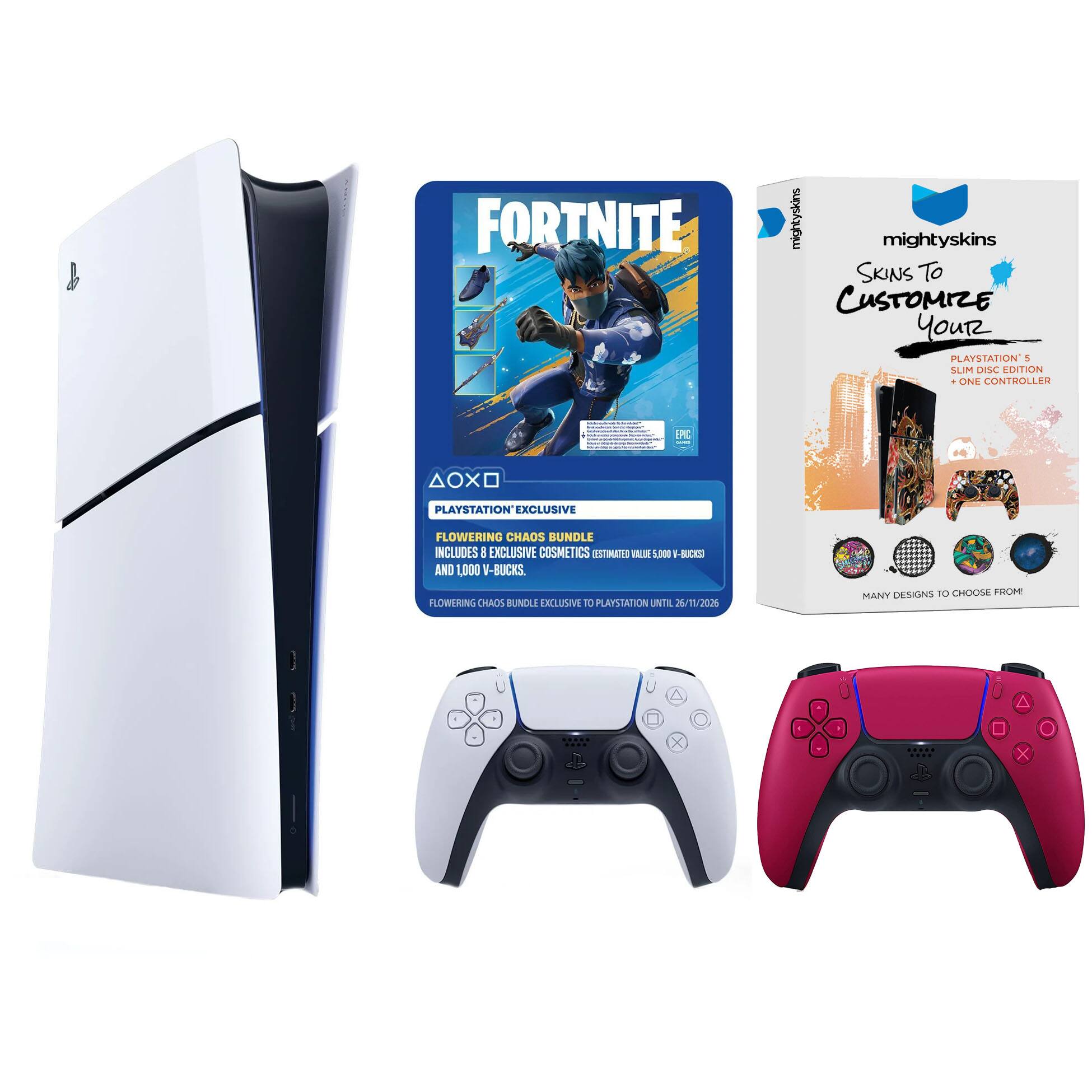 FORTNITE mightyskins SKINS TO CUSTOMIZE YOUR PLAYSTATION 5 SLIM DISC EDITION. ONE CONTROLLER. PLAYSTATION EXCLUSIVE FLOWERING CHAOS BUNDLE INCLUDES 8 EXCLUSIVE COSMETICS (ESTIMATED VALUE 5,000 V-BUCKS) AND 1,000 V-BUCKS. FLOWERING CHAOS BUNDLE EXCLUSIVE TO PLAYSTATION UNTIL 26/11/2026. MANY DESIGNS TO CHOOSE FROM.