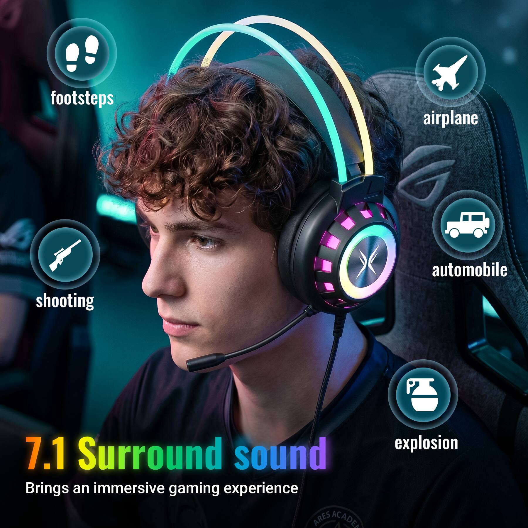 footsteps  
airplane  
shooting  
automobile  
7.1 Surround sound  
Brings an immersive gaming experience  
explosion
