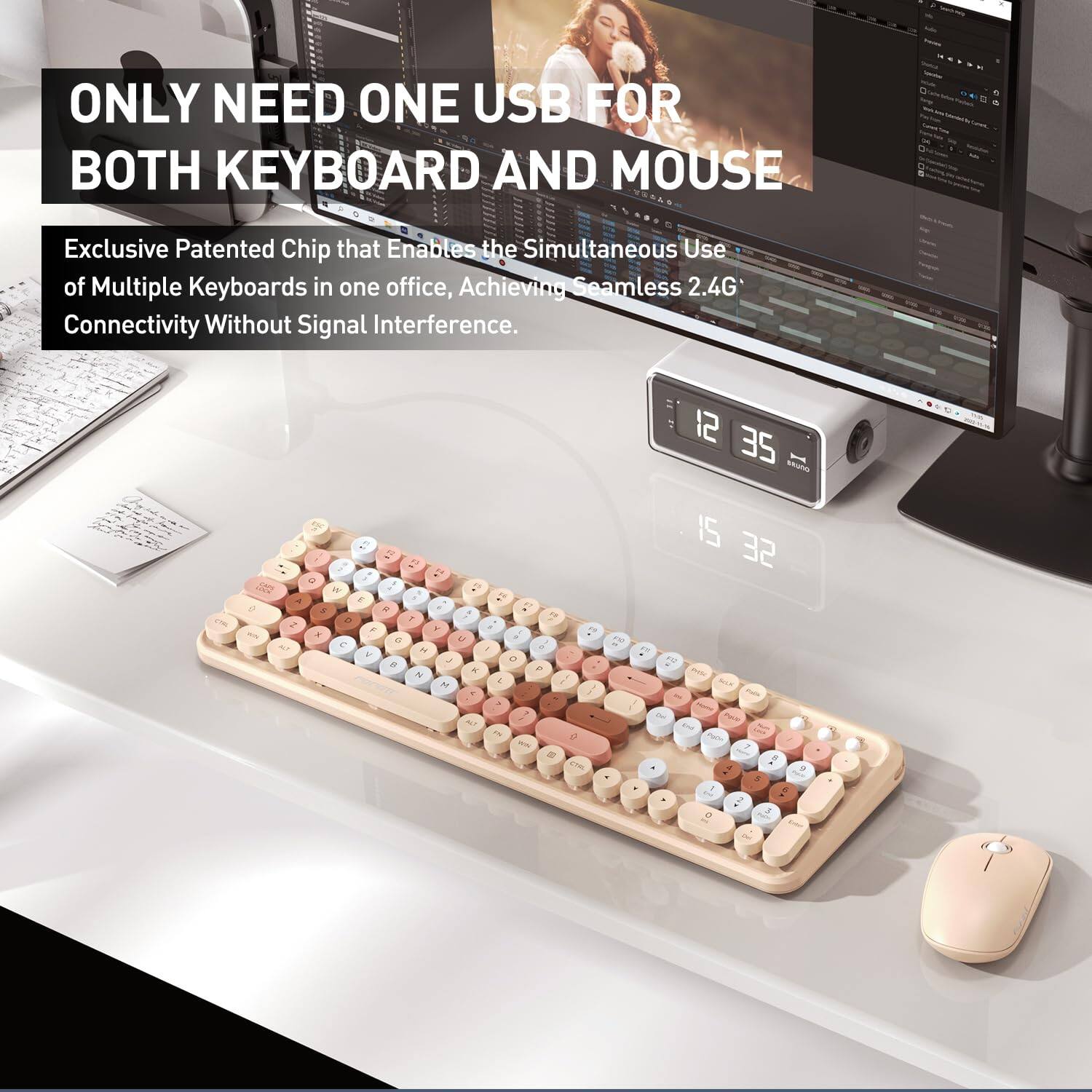 ONLY NEED ONE USB FOR BOTH KEYBOARD AND MOUSE

Exclusive Patented Chip that Enables the Simultaneous Use of Multiple Keyboards in one office, Achieving Seamless 2.4G Connectivity Without Signal Interference.