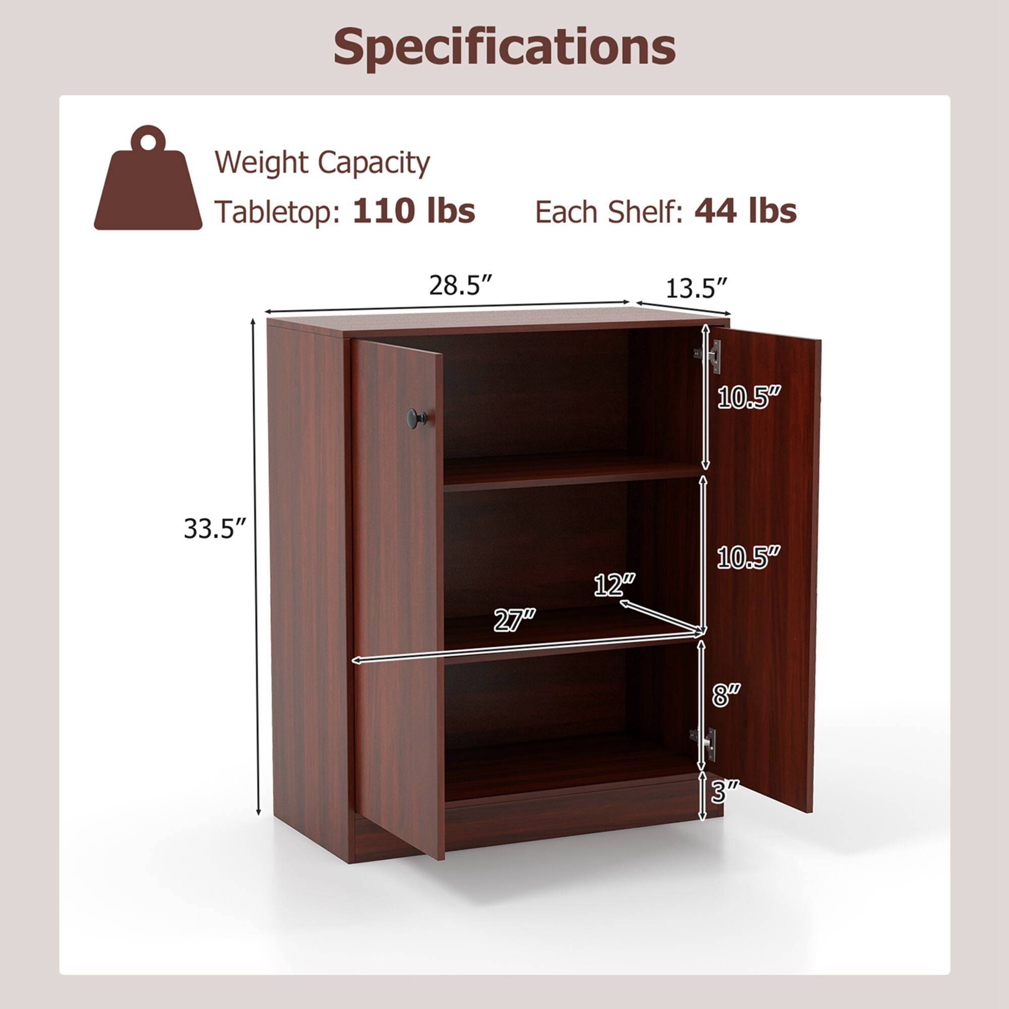 Specifications  
Weight Capacity  
Tabletop: 110 lbs  
Each Shelf: 44 lbs  

Dimensions:  
- Height: 33.5"  
- Width: 28.5"  
- Depth: 13.5"  
- Shelf Depth: 10.5"  
- Shelf Height: 12"  
- Shelf Spacing: 8"  
- Shelf Thickness: 3"