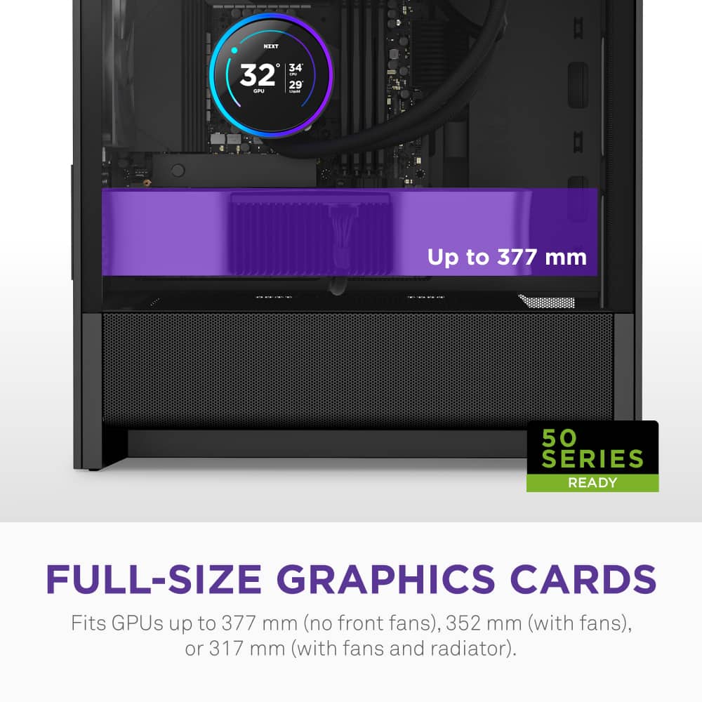 The text on the image is grouped and corrected as follows:
"Up to 377 mm 50 Series Ready Full-Size Graphics Cards Fits GPUs up to 377 mm (no front fans), 352 mm (with fans), or 317 mm (with fans and radiator)."