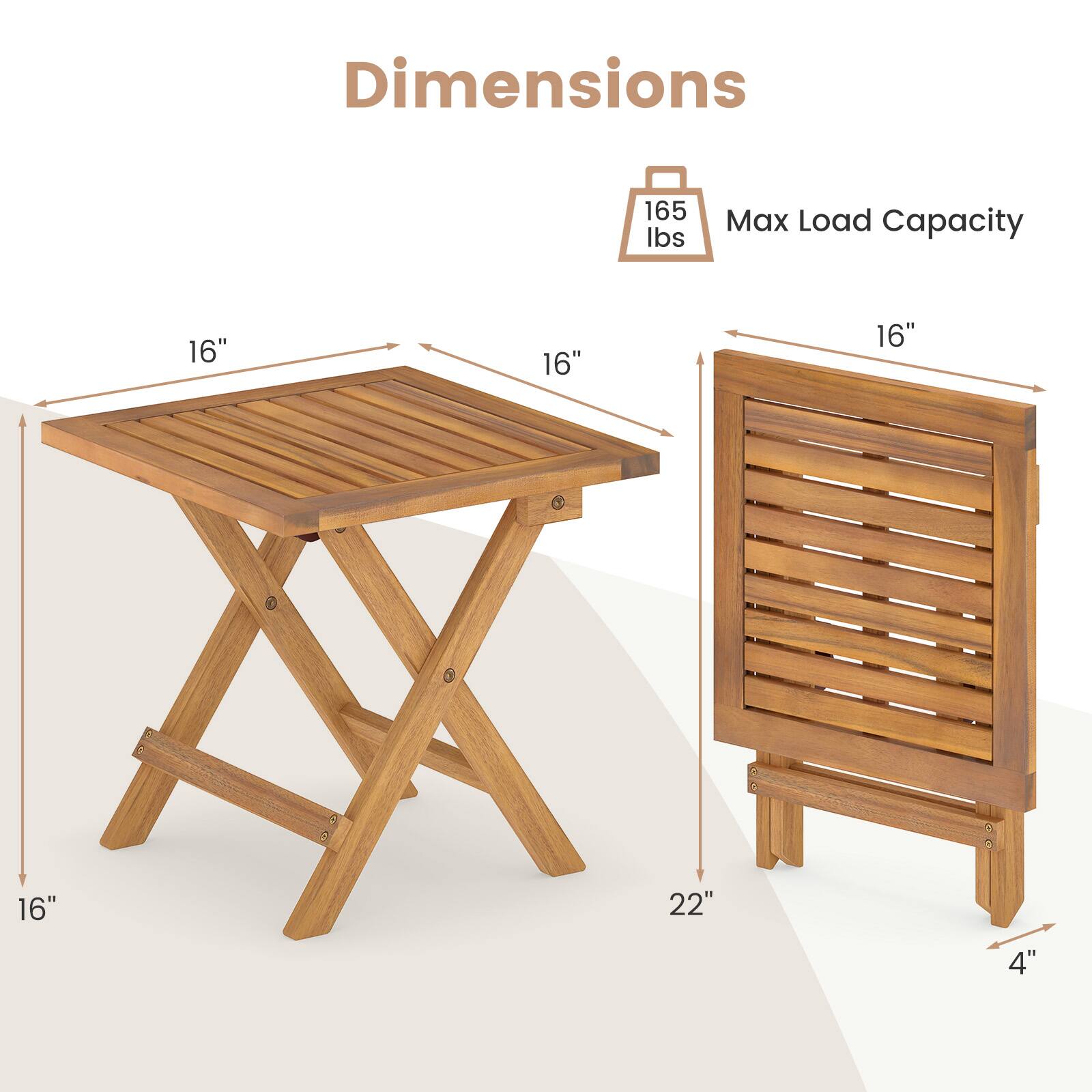 Dimensions:  
- Table: 16" x 16" x 16"  
- Bench: 16" x 22" x 4"  

Max Load Capacity: 165 lbs