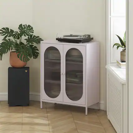 Front. Aukfa - Short 2-Door Metal Accent Cabinet - Fluted Glass Doors, 3 Shelves (2 Adjustable), 31.5"W x 40"H - Purple.