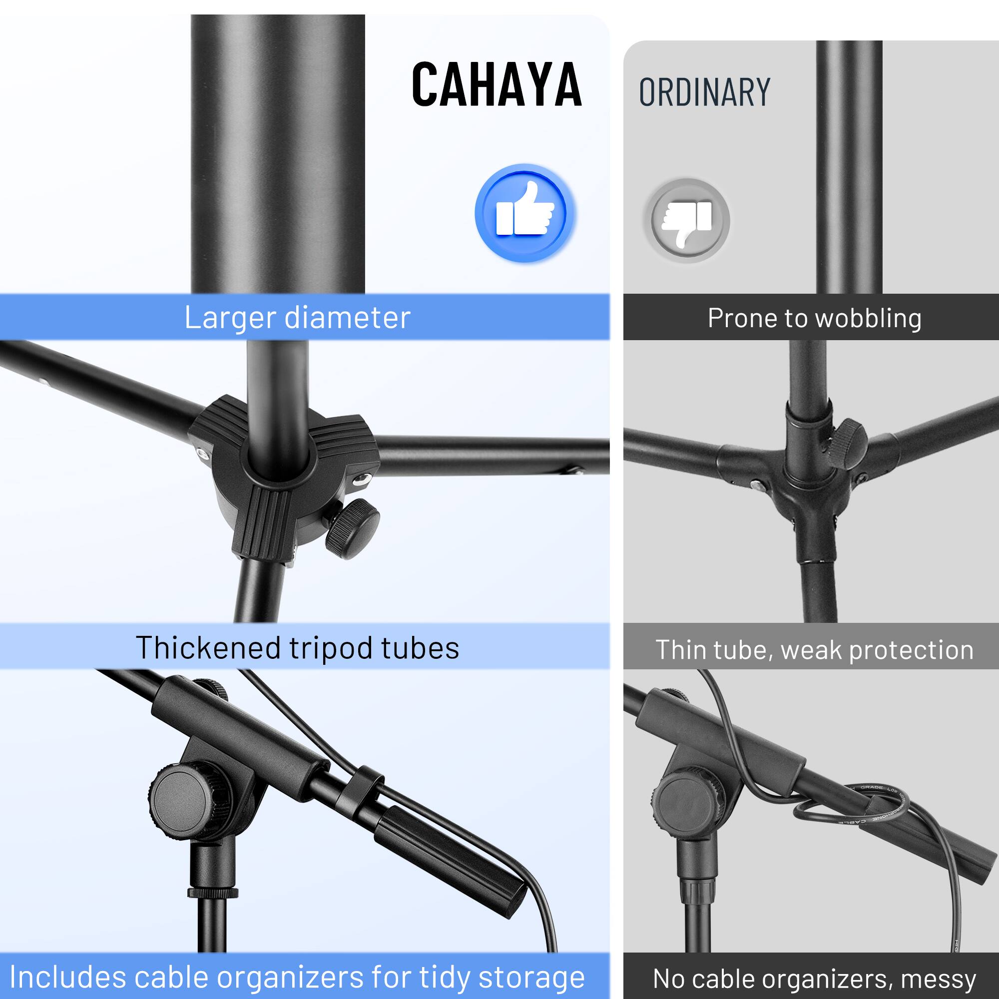 CAHAYA  
- Larger diameter  
- Thickened tripod tubes  
- Includes cable organizers for tidy storage  

ORDINARY  
- Prone to wobbling  
- Thin tube, weak protection  
- No cable organizers, messy