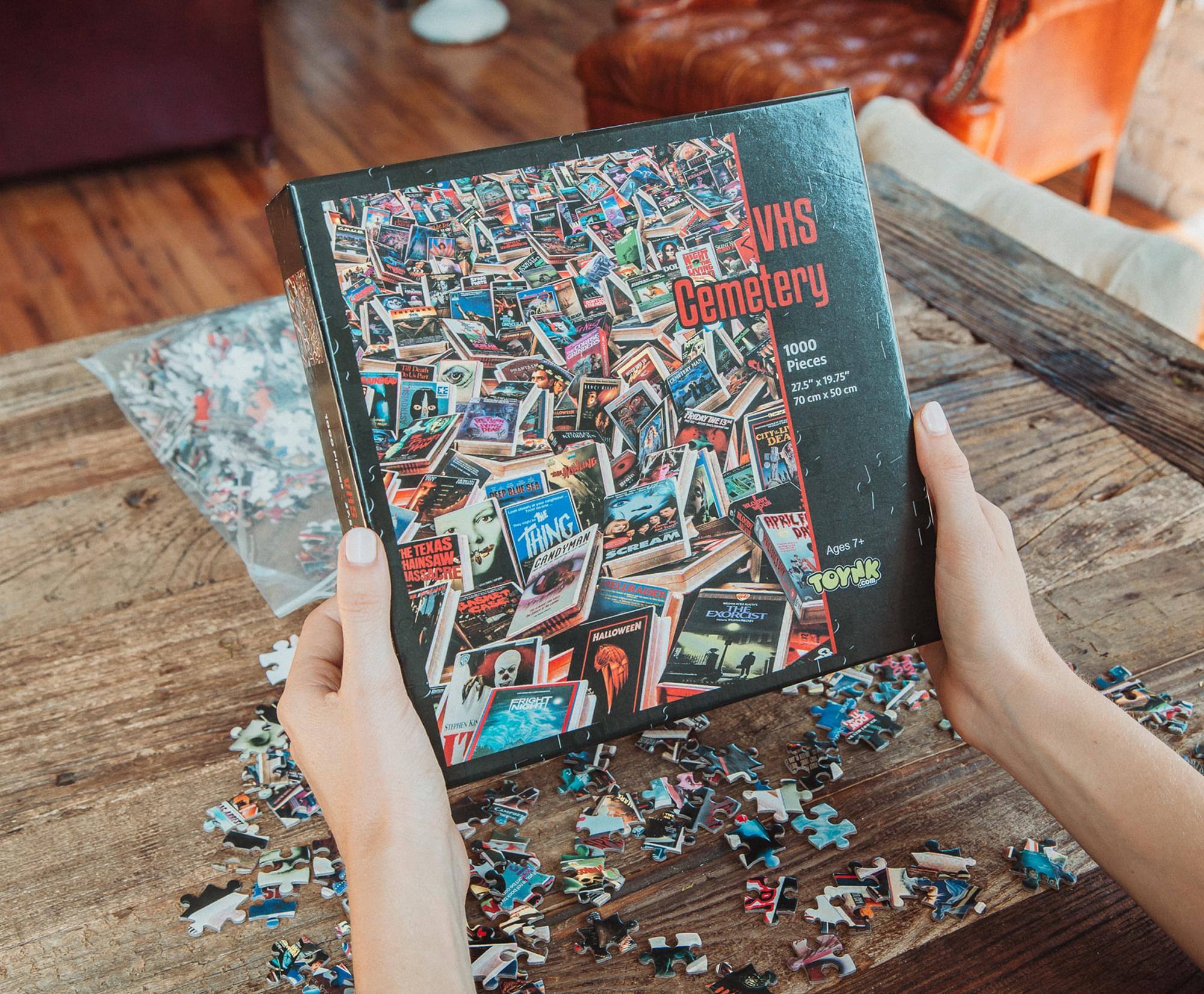 VHS Cemetery  
1000 Pieces  
27.5" x 19.75"  
70 cm x 50 cm  
Ages 7+  
Texas Chainsaw Massacre  
The Thing  
Scream  
Halloween  
Exorcist  
Toy Story  
Friday the 13th  
The Texas Chainsaw Massacre  
The Exorcist  
Halloween  
The Shining  
The Silence of the Lambs  
The Exorcist  
The Shining  
The Silence of the Lambs  
The Texas Chainsaw Massacre  
The Exorcist  
Halloween  
The Shining  
The Silence of the Lambs