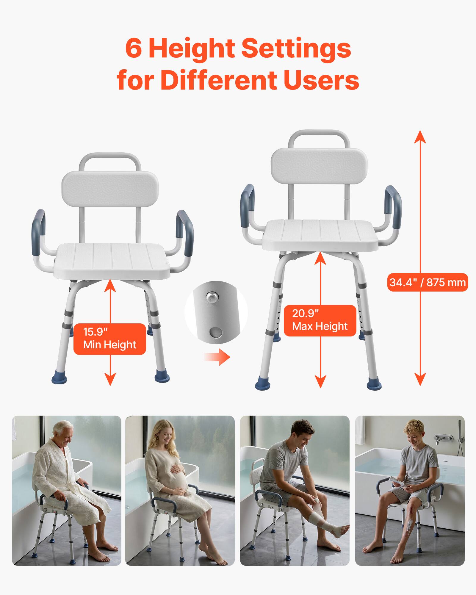6 Height Settings for Different Users

34.4" / 875 mm

15.9" Min Height

20.9" Max Height