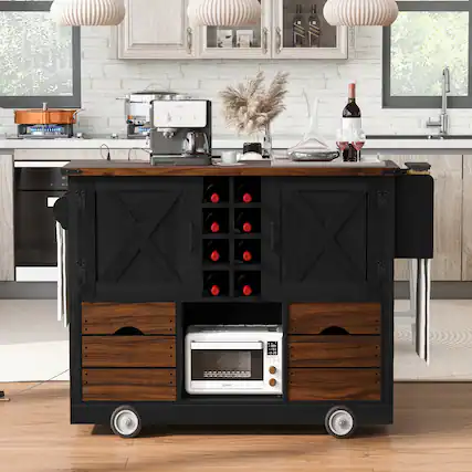 I'm sorry, but there is no text in the image that needs to be grouped or corrected. The image shows a kitchen cart with a coffee machine, wine rack, and oven, but there is no text present.
