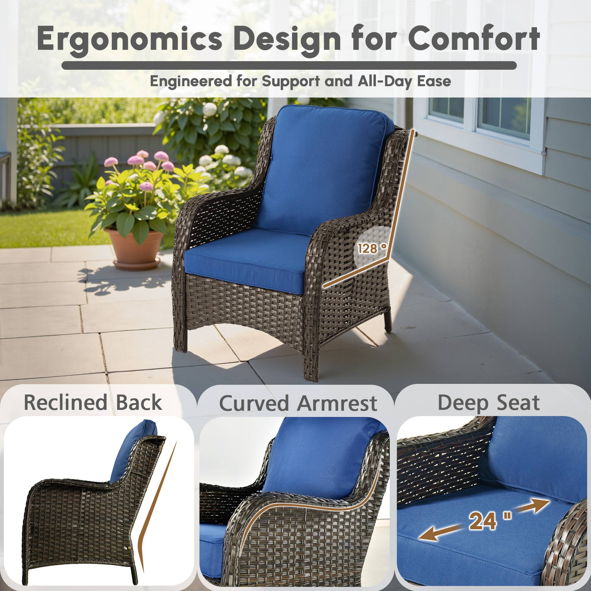 Ergonomics Design for Comfort  
Engineered for Support and All-Day Ease  

- Reclined Back  
- Curved Armrest  
- Deep Seat (24")  

128°