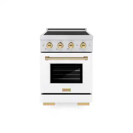 Front. ZLINE - Autograph 24 in. 3.2 cu. ft. Paramount Freestanding Induction Range with 3 Burners and Gold Accents with White Door - White Matte.
