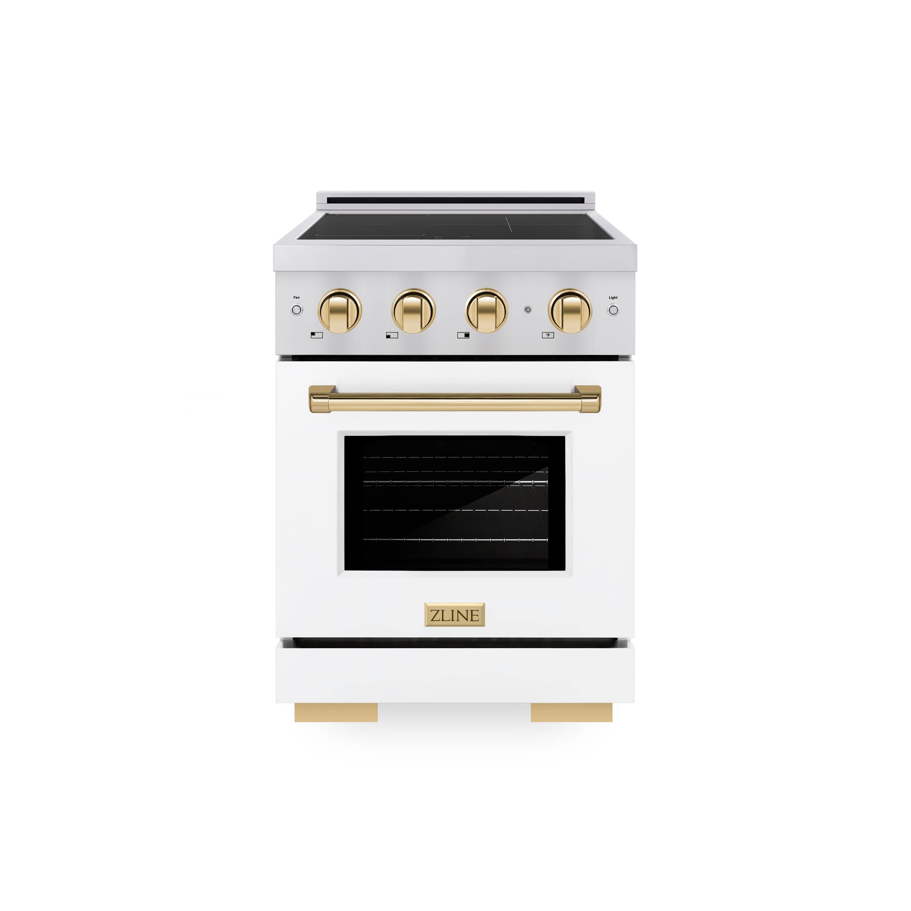 Front. ZLINE - Autograph 24 in. 3.2 cu. ft. Paramount Freestanding Induction Range with 3 Burners and Gold Accents with White Door - White Matte.