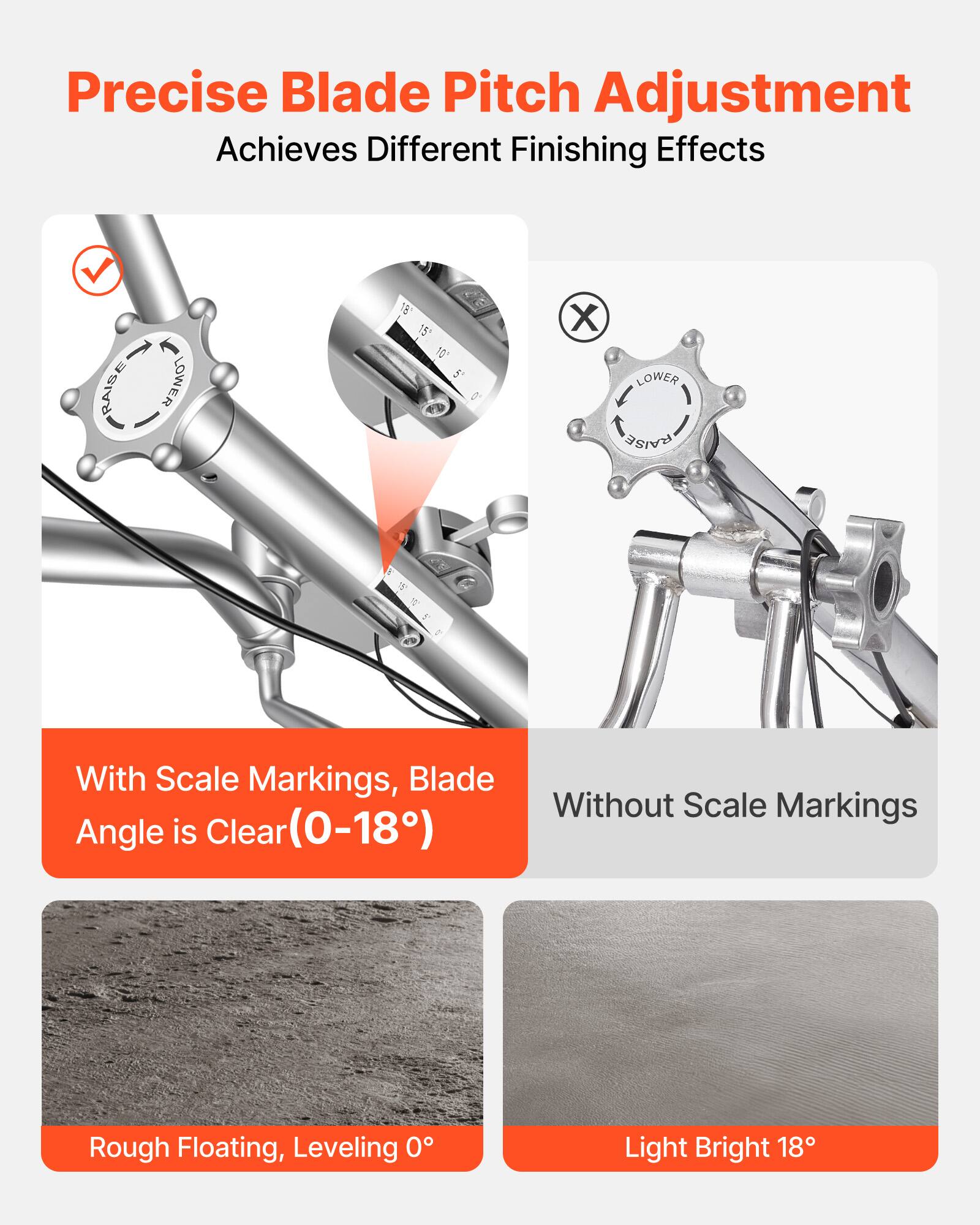 Precise Blade Pitch Adjustment Achieves Different Finishing Effects

RAISE
LOWER
18 15 10 5 1
X
LOWER RAISE

With Scale Markings, Blade Angle is Clear (0-18°)

Rough Floating, Leveling 0°
Light Bright 18°