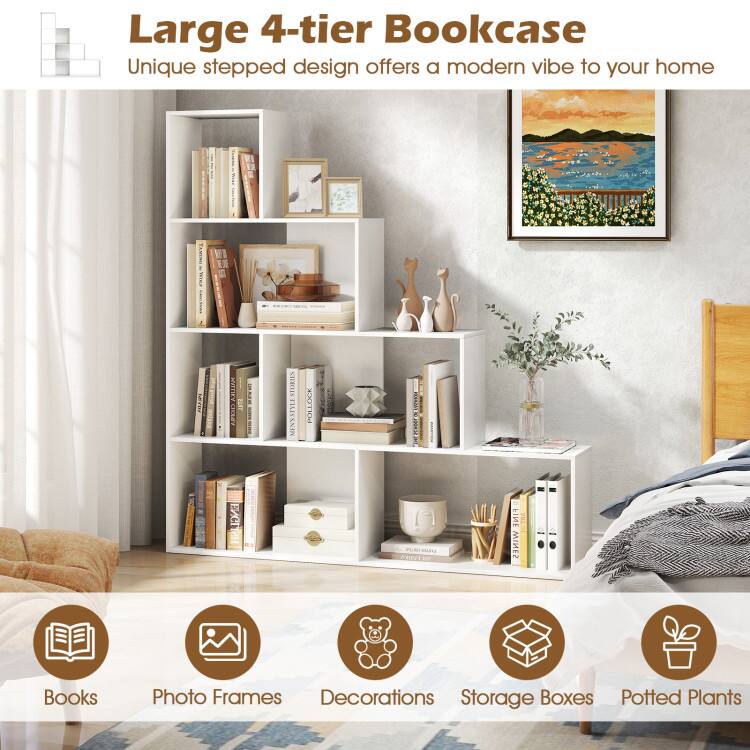 Large 4-tier Bookcase  
Unique stepped design offers a modern vibe to your home  

Books  
Photo Frames  
Decorations  
Storage Boxes  
Potted Plants
