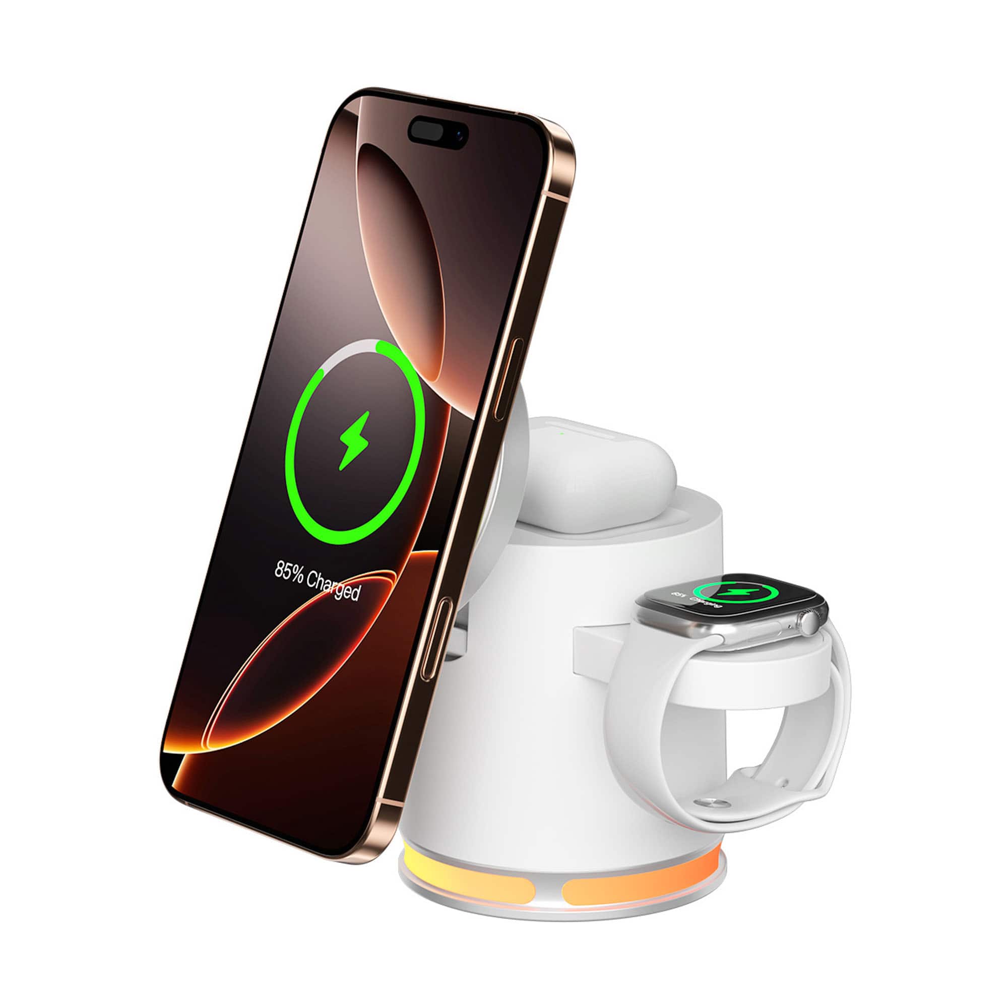 YONWAY - Magnetic 3-in-1 Wireless Charger, 15W Fast Charging Station with RGB Ambient Lighting for iPhone, Apple Watch, AirPods