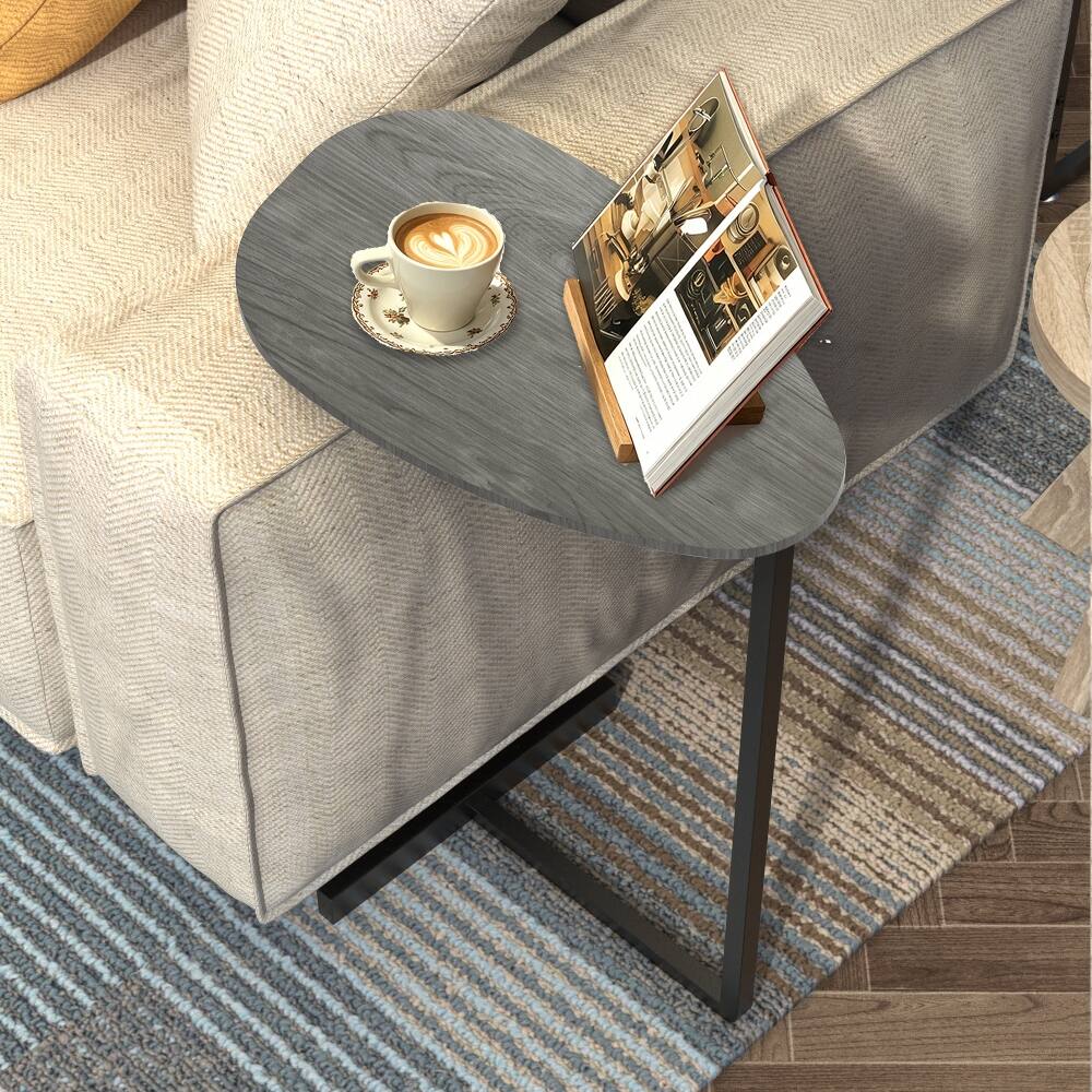 Angle. Loheer - Loheer C-Shaped Side Table with Storage Basket Grey Walnut Sofa End Table Portable Laptop Holder Wood Look Accent Table - Grey Walnut.