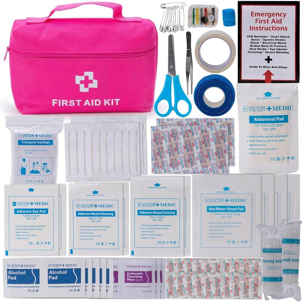 **Emergency First Aid Instructions**

- CPR Reminder
- Heart Attack
- Burns
- Sprains
- Strains
- Shock
- Electrical Shock
- Broken Bone Or Fracture
- Heat Stroke
- Eye Injuries
- Poisoning
- Severe Bleeding
- Guide To Bites And Stings

**FIRST AID KIT**

**VICTOR+MEDIC**

- Triangular bandage
  - 5.5cm x 1.7m

- Abdominal Pad
  - 12.7cm x 22.8cm
  - 1pc/pkt
  - sterile unless opened or damaged
  - avoid fingering side to be used against wound
  - store in a cool dry place
  - single use only

- Adhesive Eye Pad
  - 5cm x 5cm
  - 1pc/pkt
  - sterile unless opened or damaged
  - avoid fingering side to be used against wound
  - store in a cool dry place
  - single use only

- Adhesive Wound Dressing
  - 6cm x 7cm
  - 1pc/pkt
  - sterile