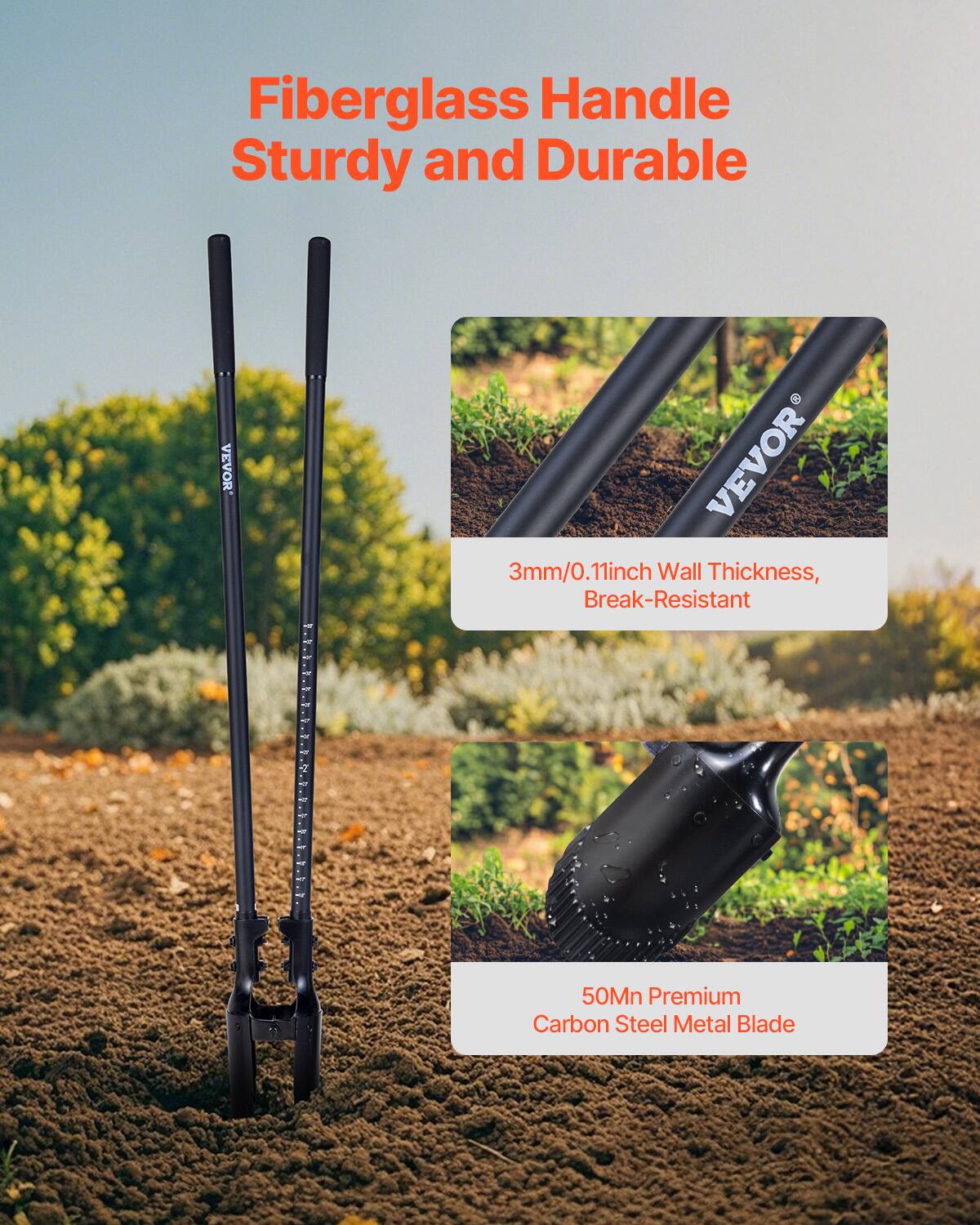 Fiberglass Handle Sturdy and Durable

3mm/0.11inch Wall Thickness, Break-Resistant

50Mn Premium Carbon Steel Metal Blade