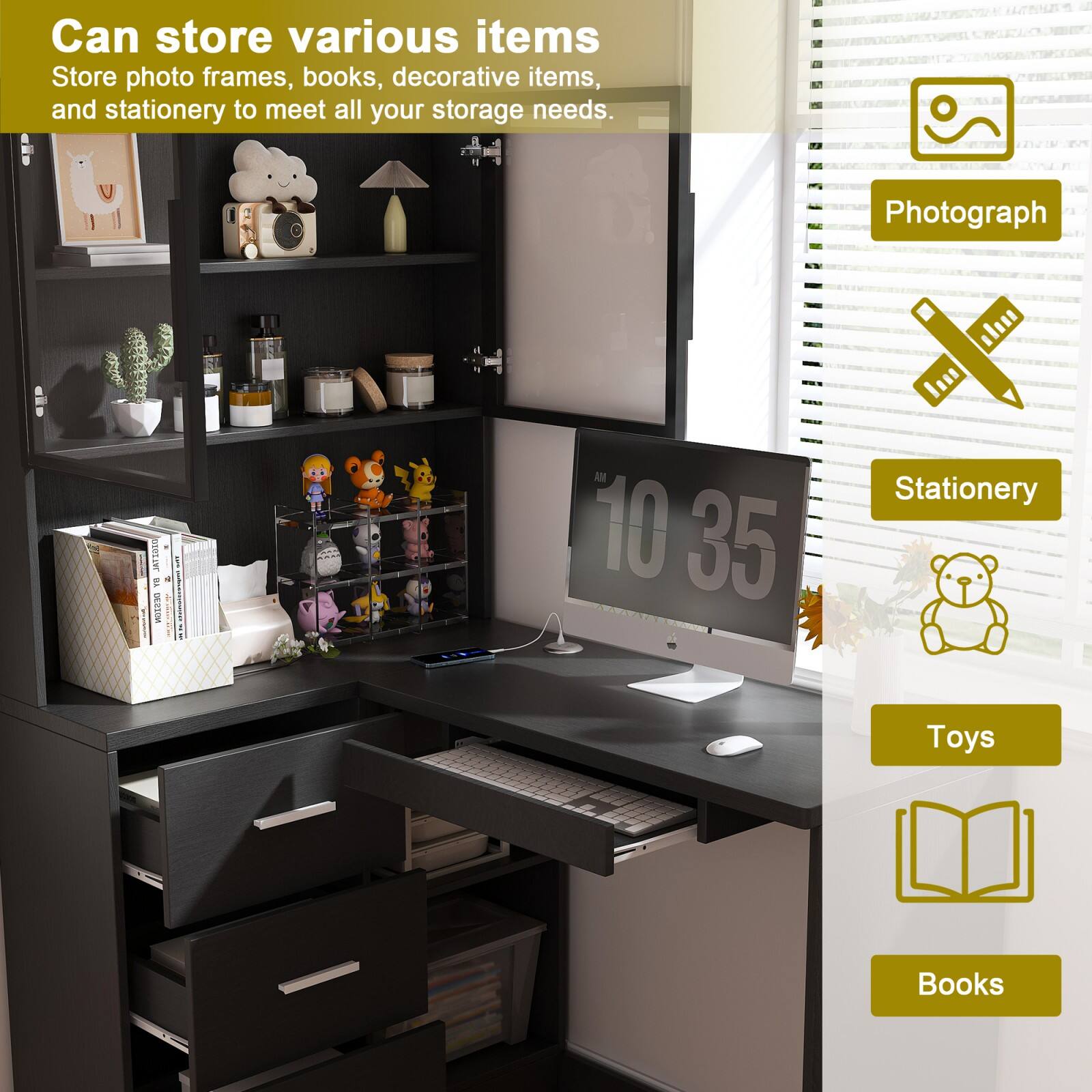 Can store various items  
Store photo frames, books, decorative items, and stationery to meet all your storage needs.

- Photograph
- Stationery
- Toys
- Books