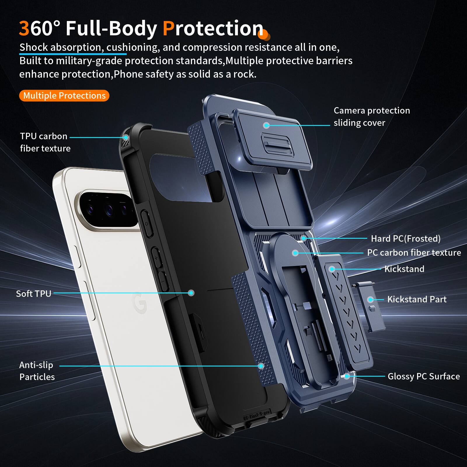 360° Full-Body Protection  
Shock absorption, cushioning, and compression resistance all in one, Built to military-grade protection standards, Multiple protective barriers enhance protection, Phone safety as solid as a rock.  
Multiple Protections  
TPU carbon fiber texture  
Camera protection sliding cover  
Soft TPU  
Anti-slip Particles  
Hard PC (Frosted)  
PC carbon fiber texture  
Kickstand  
Kickstand Part  
Glossy PC Surface