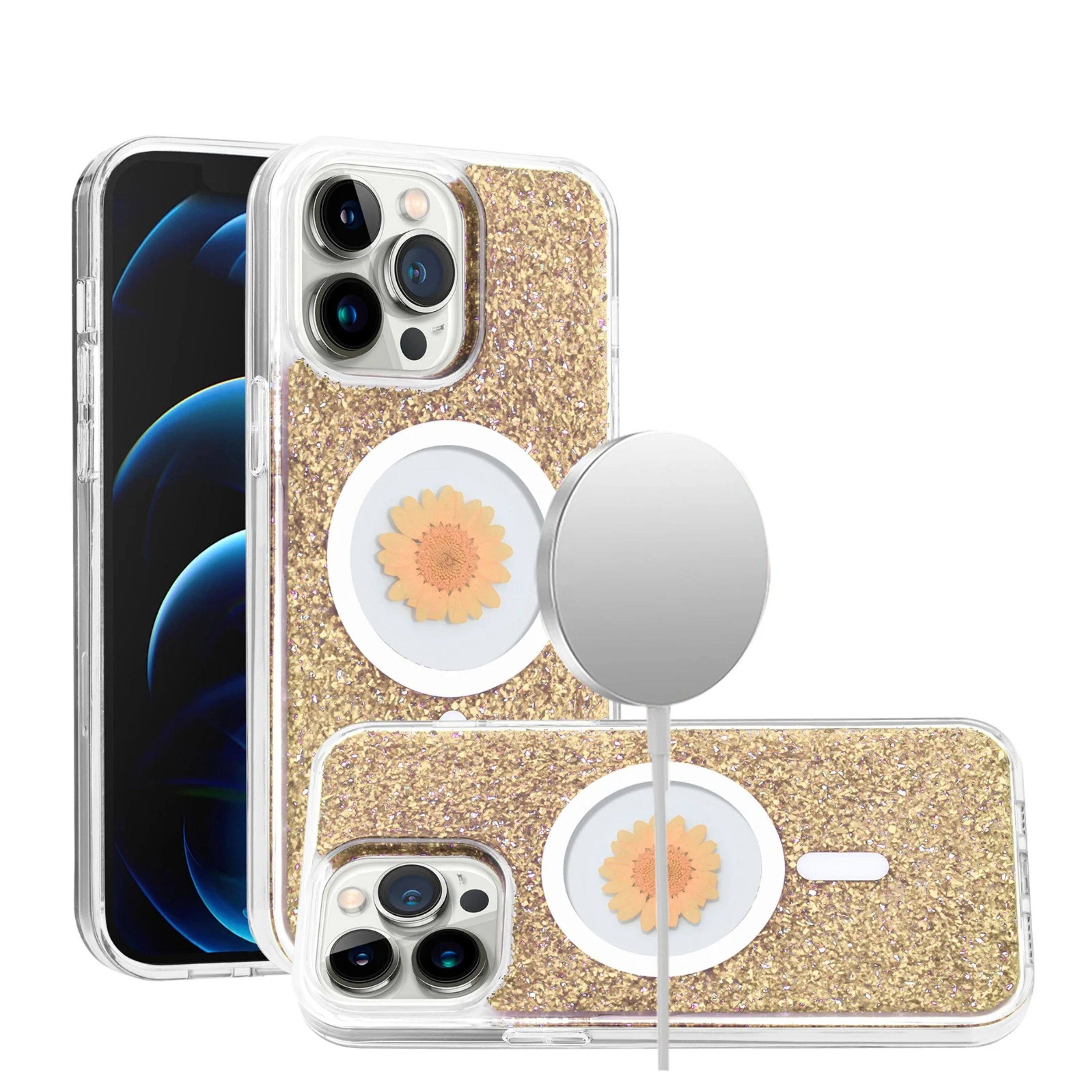 Angle. Kitcheniva - Glitter Hybrid Epoxy Real Flower Phone Case With 2 Pcs Screen Protectors For iPhone 15 Pro Max Gold - Gold.