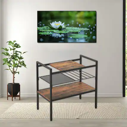 Front. Hivvago - Industrial Style 3-Tier Accent Table with Mesh Shelf and Detachable Panel - Rustic Brown.
