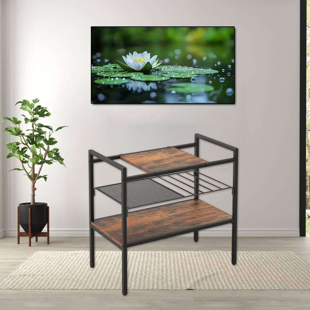 Front. Hivvago - Industrial Style 3-Tier Accent Table with Mesh Shelf and Detachable Panel - Rustic Brown.