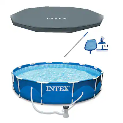 Front. Intex - Metal Frame Above Ground Pool, Filter, Cover, & Maintenance Kit - Blue.