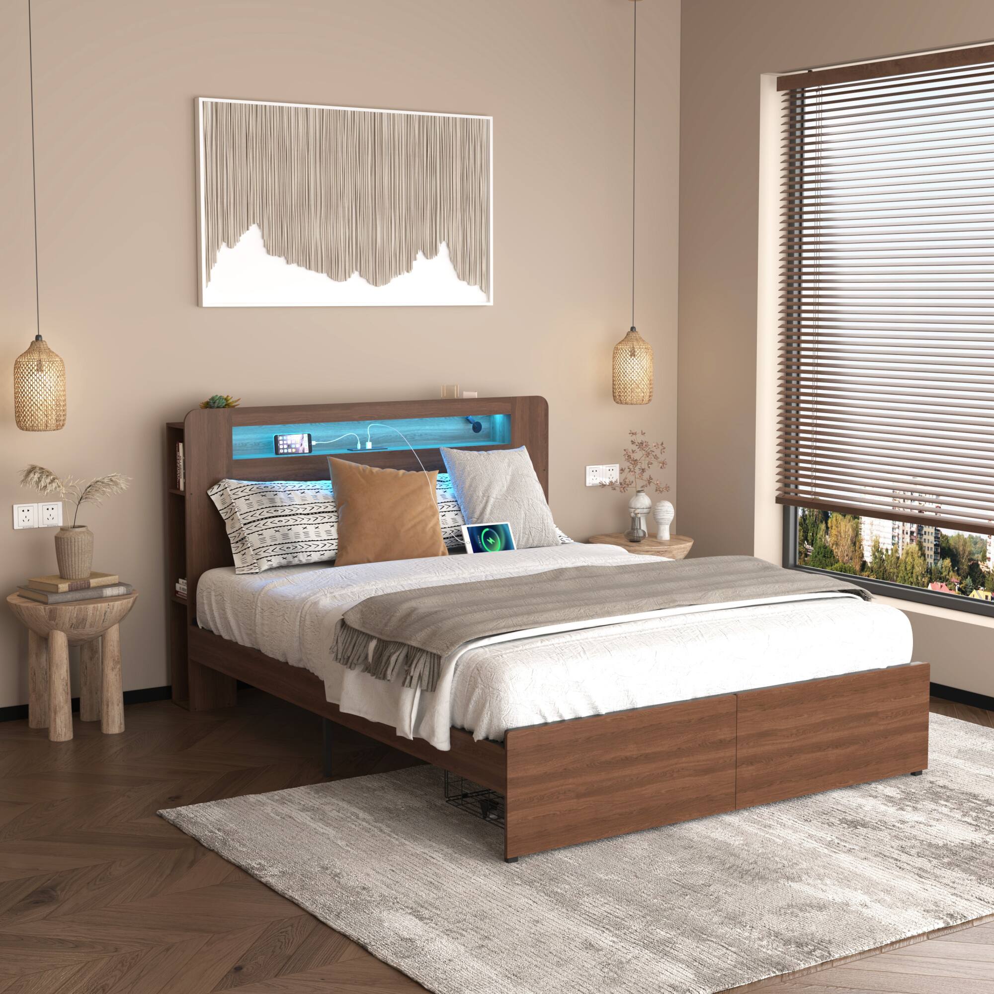 Back. GOODSILO - Full Size Wooden Platform Bed Frame with Storage Drawers, LED Headboard, and Under Bed Storage Space - Brown.