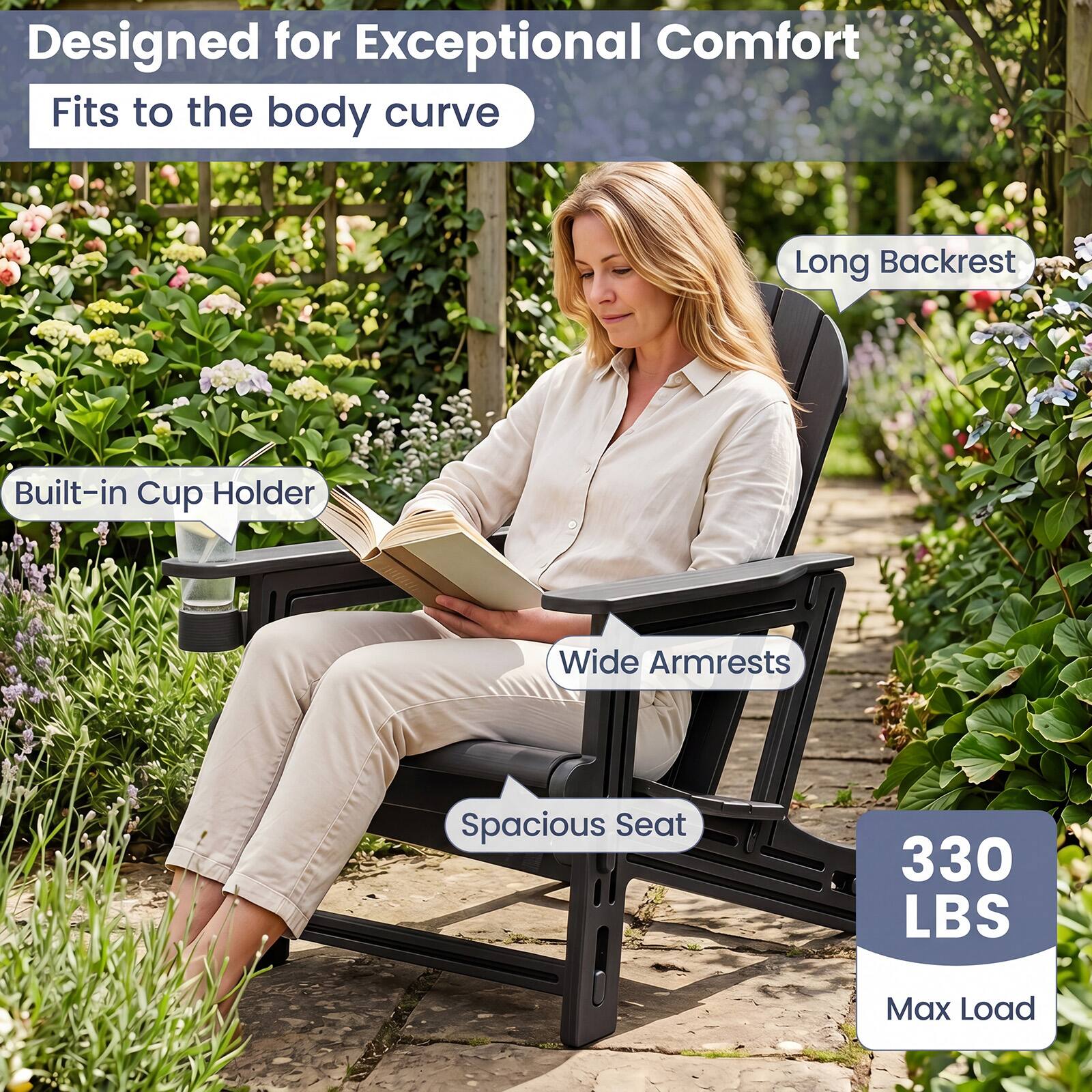 Designed for Exceptional Comfort  
Fits to the body curve  
Long Backrest  
Built-in Cup Holder  
Wide Armrests  
Spacious Seat  
330 LBS Max Load