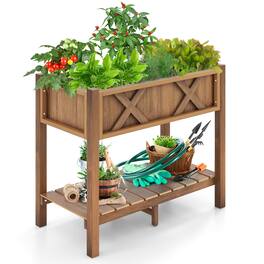Gymax - HIPS Raised Garden Bed Poly Wood Elevated Planter Box w/ Legs & Storage Shelf - Coffee