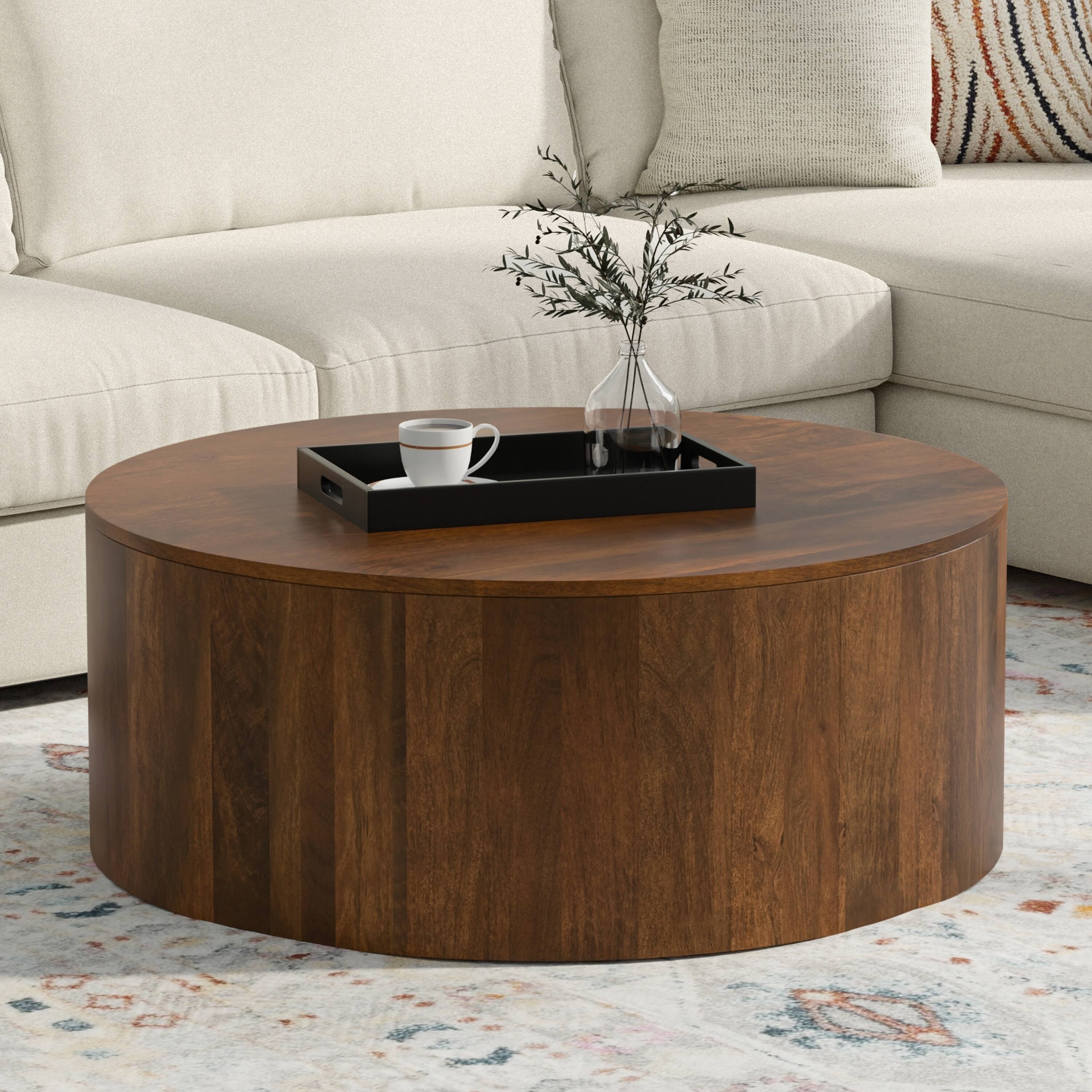 Angle. Simpli Home - Millbury SOLID MANGO WOOD 36 inch Wide Round Contemporary Drum Coffee Table in Walnut Brown, Fully Assembled - Walnut Brown.