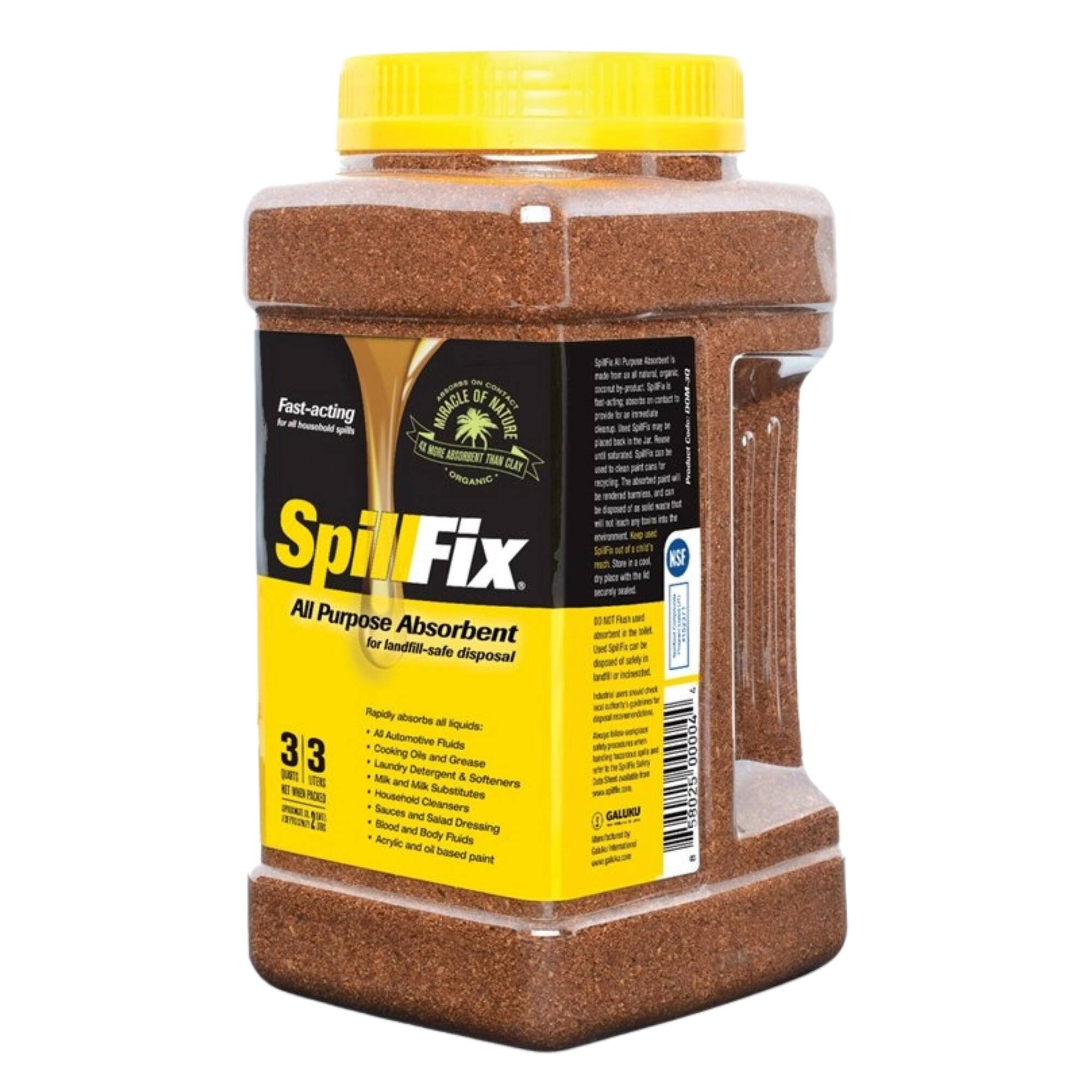 Fast-acting all-purpose absorbent for landfill-safe disposal. Miracle of Nature. Organic. Absorbs all liquids: Automotive Fluids, Cooking Oils and Grease, Laundry Detergent & Softeners, Milk and Milk Substitutes, Household Sauces and Dressings, Blood and Body Acrylic and Oil-based Paint.