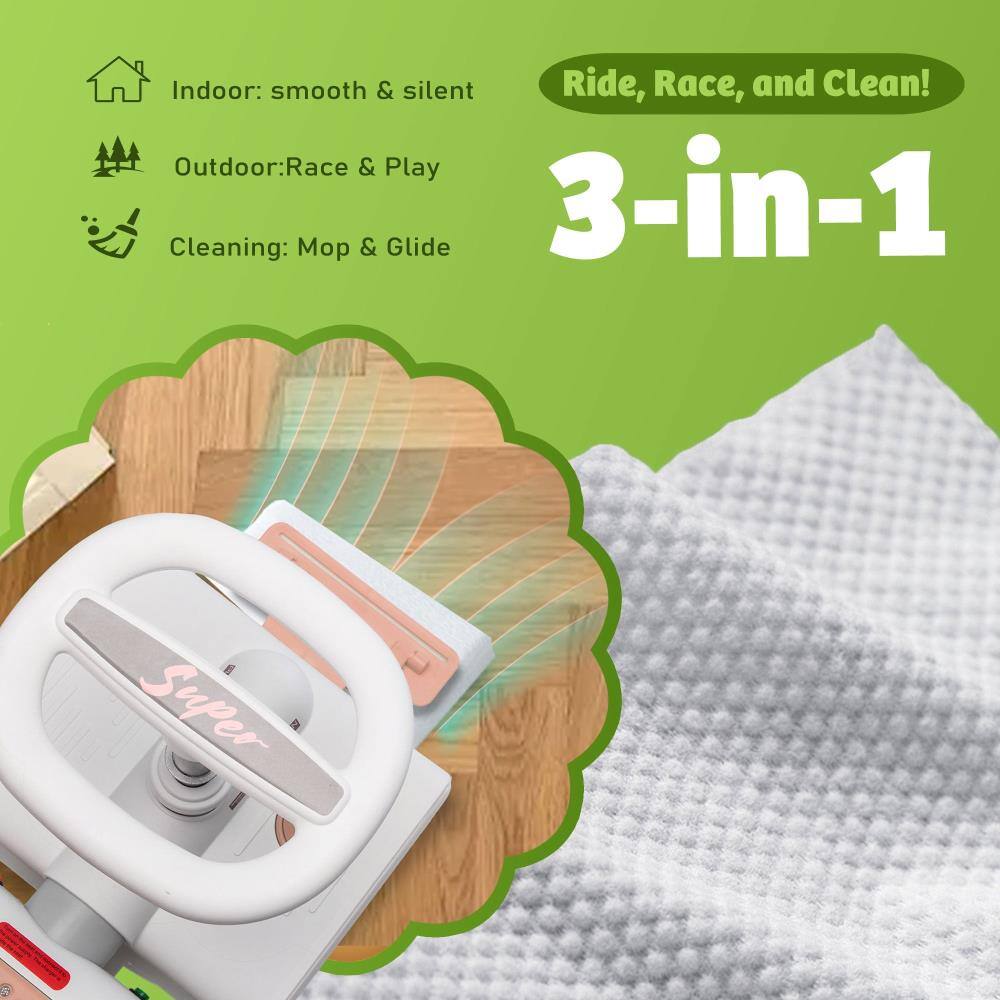 Indoor: smooth & silent  
Outdoor: Race & Play  
Cleaning: Mop & Glide  

3-in-1  

Ride, Race, and Clean!