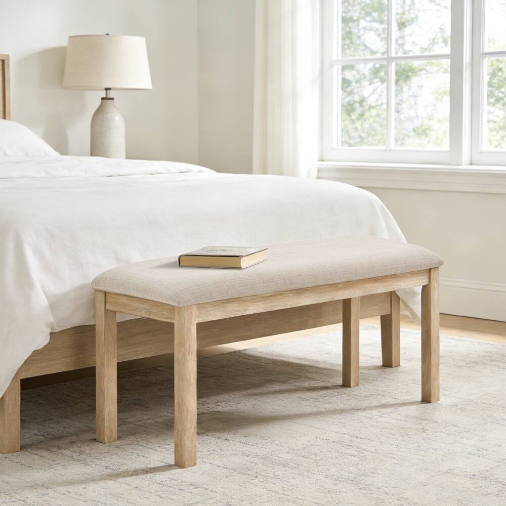 Angle. Ropilly - Ropilly 38 Inch Upholstered Dining Bench, Beige Linen Padded Bedside Bench with Solid Wood Legs for Bedroom and Entryway - Beige.