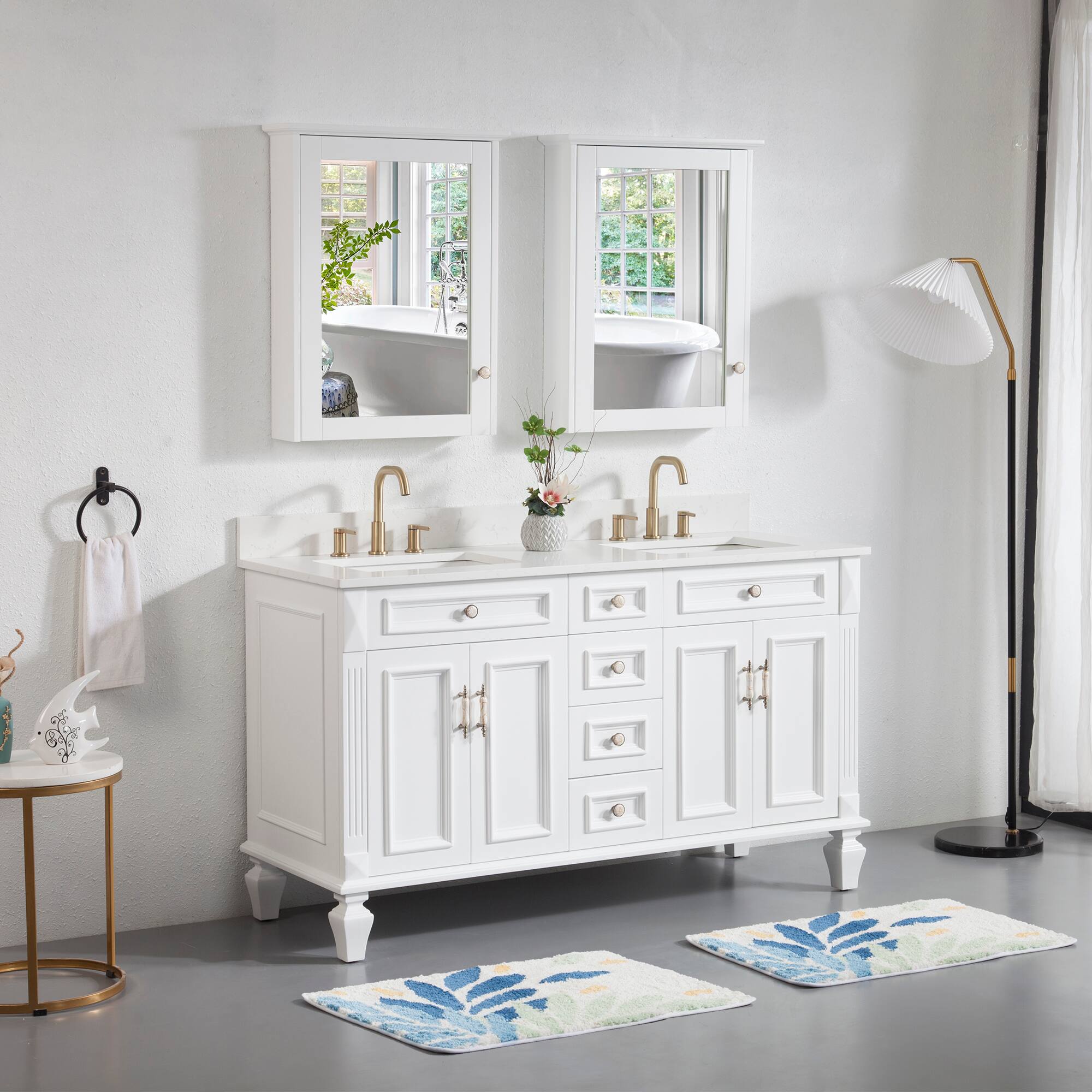 Angle. WELLFOR - ARTWOOD 60 in. Solid Wood Bath Vanity with Quartz Top, Double Sink, Soft Close, Assembled - White.
