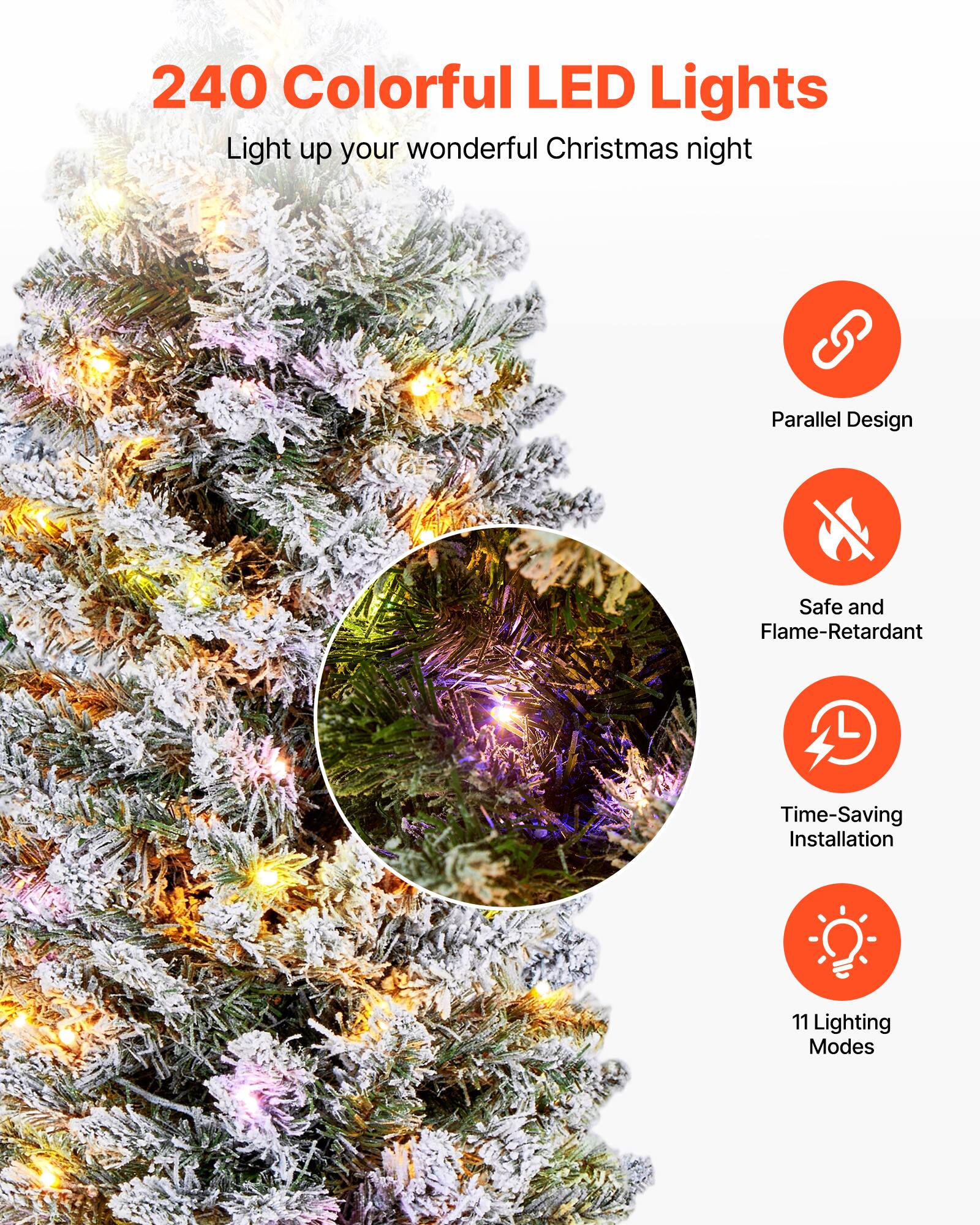240 Colorful LED Lights  
Light up your wonderful Christmas night  

- Parallel Design  
- Safe and Flame-Retardant  
- Time-Saving Installation  
- 11 Lighting Modes