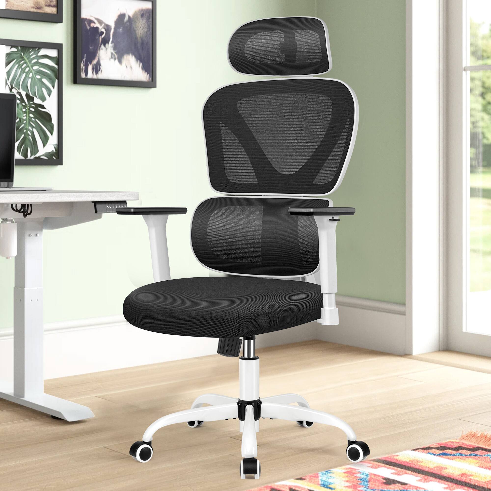Angle. Brick Attic - Office Chair with Lumbar Support, High Back Mesh Gaming Chair with Adjustable Headrest and Armrests, Ergonomic - White.