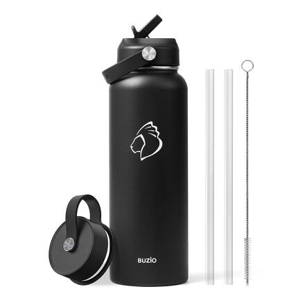 Front. Buzio - Duet Series - 40oz Insulated Water Bottle with Straw Lid and Flex Lid - Black.