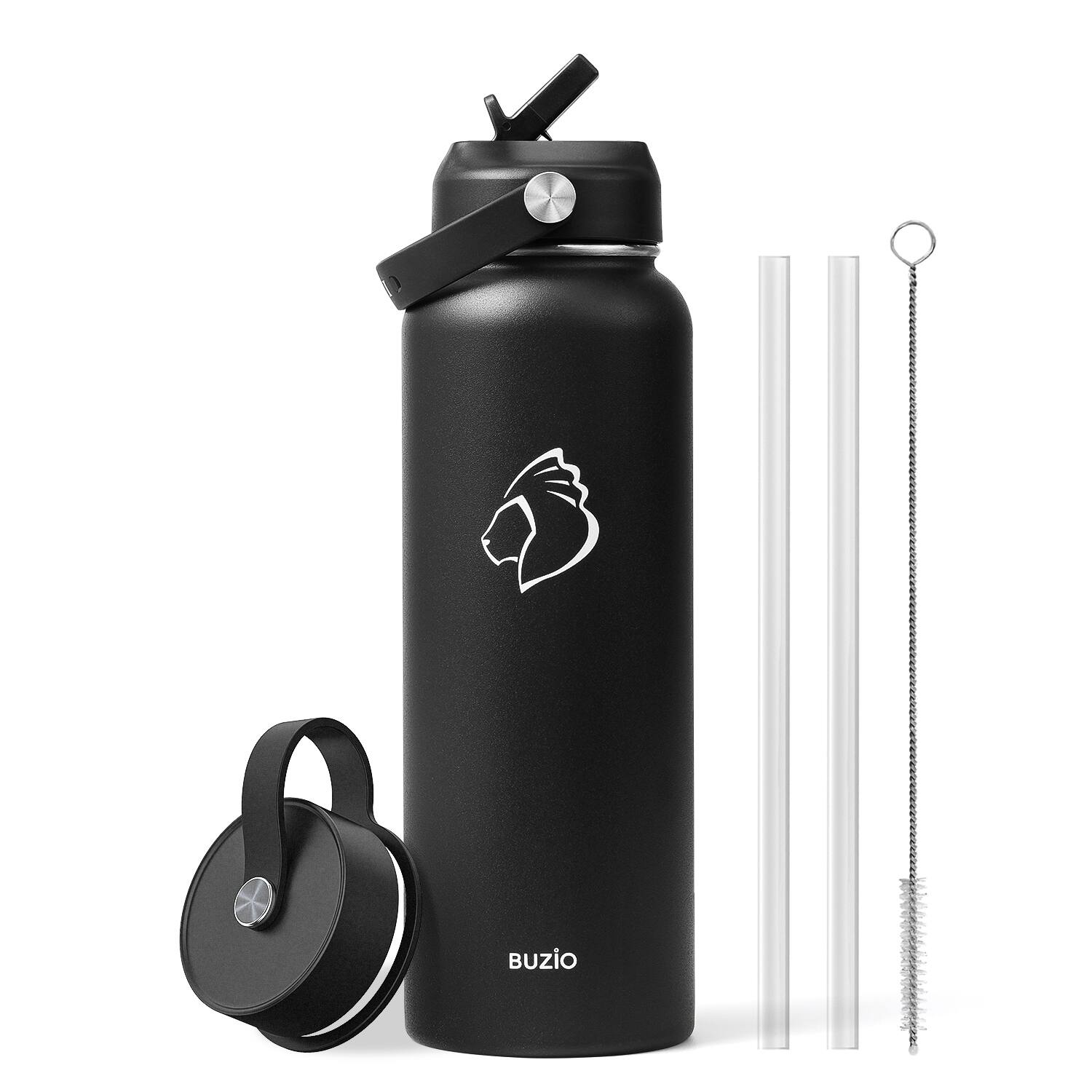 Front. Buzio - Duet Series - 40oz Insulated Water Bottle with Straw Lid and Flex Lid - Black.