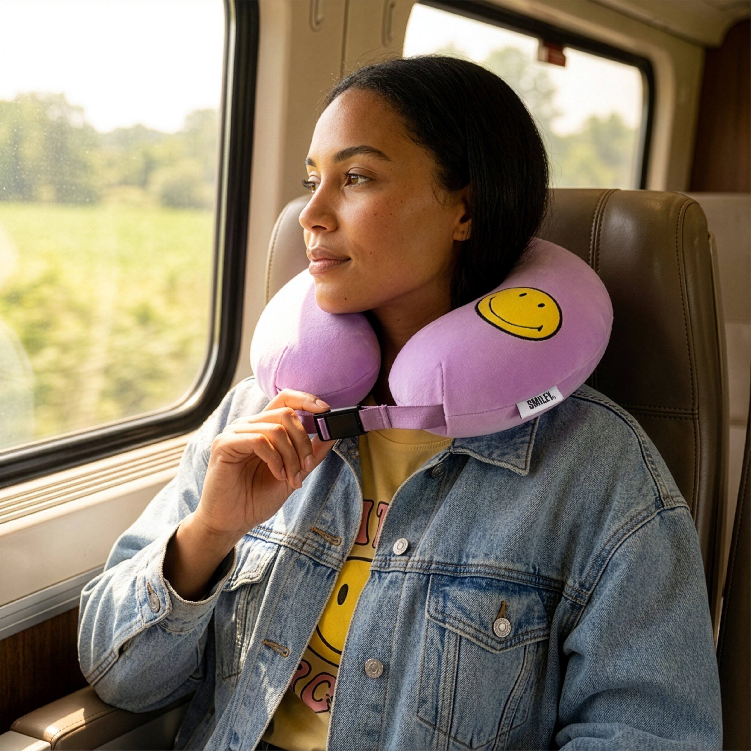 Angle. Smiley World - SMILEY Purple Smiley Patch Marshmallow Memory Foam Travel Pillow - Purple.